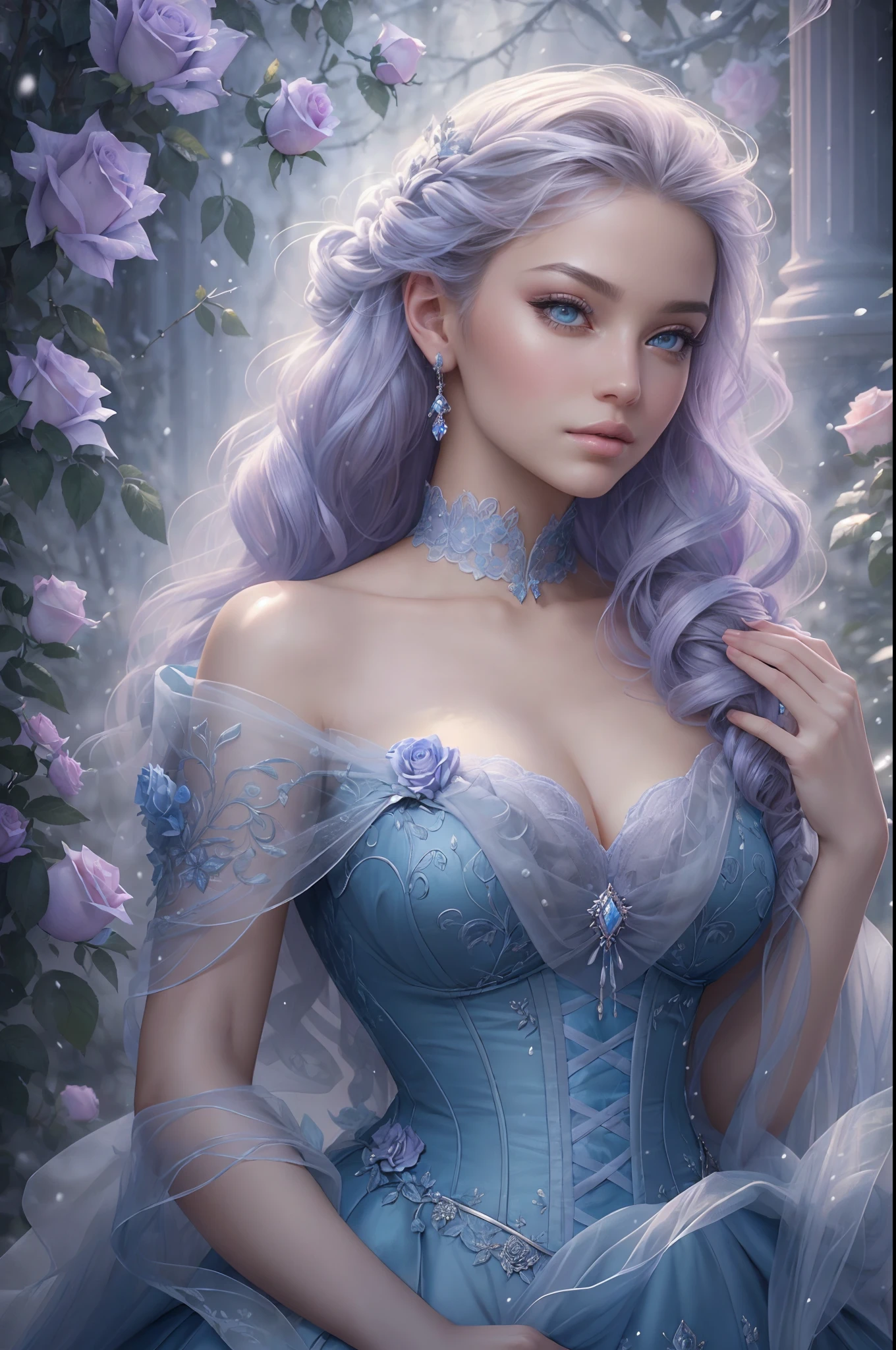 This is realistic (((fantasy))) artwork set in the frozen rose garden of an enchanted ice castle in winter and should consist of many shades of cold blue colors. It is snowing heavily. Generate a proud woman with a (((highly detailed face))) dressed in the billowing folds of a stunning French silk ballgown. The woman's elegant face is ((((highly detailed, with realistic features and soft, puffy lips.)))) The ballgown is embellished with ruffles, sashes, and bows and a delicately, but intricately, hand-embroidered bodice. The corset features silk ribbon. She is wearing Victorian royal winter outer clothes. The woman's stunning eyes are beautifully detailed, featuring realistic shading and multiple colors, and in high resolution. The woman is in a garden of eternal roses, each one beautifully formed and highly detailed. These realistic roses feature shimmering shades of light blue, dark blue, silver, and glimmering blue-purple. The eternal rose is a deep shade of periwinkle with shimmering iridescent overtones and undertones. Ensure that the woman's face, hair, and eyes are perfect. realism, high fantasy, whimsical fantasy, storybook fantasy, fairytale fantasy, fantasy details, enchanting, bewitching, 8k, hires, CGI, digital painting, unity, unreal engine, (((masterpiece))), intricate, elegant, highly detailed, majestic, digital photography, art by artgerm and ruan jia and Greg Rutkowski, (masterpiece, finely detailed beautiful eyes: 1.2), hdr, realistic skin texture, (((1woman))), (((solo))), Include a highly detailed face, extremely detailed face, and interesting background.