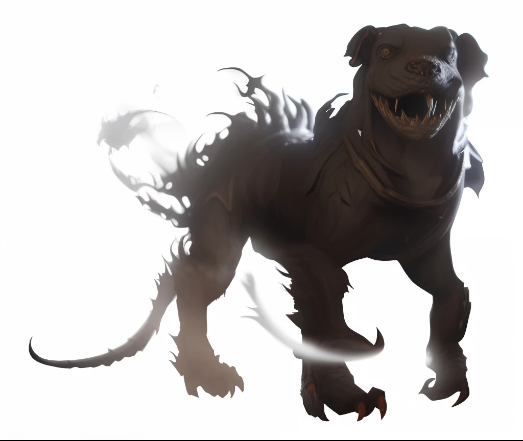 there is a black dog with a large head and a big tail, hellhounds, render naughty dog, scales skin dog, demon-fang gnoll, madness creature, d & d creature, demodog, creature concept art, realistic creature concept, gnoll, vorestation borg hound, fenrir, concept art. smoke, creature design, realistic, 8k