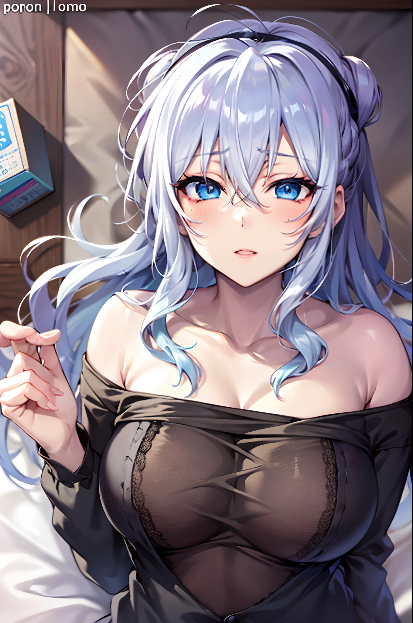 Yukino, in bed, silver hair and blue eyes, light shirt and no bra, anime visual of a cute girl, screenshot from the anime film, & her expression is solemn, in the anime film, in an anime, anime visual of a young woman, she has a cute expressive face, still from anime, big breast, red cheek, lustful face, fair skin