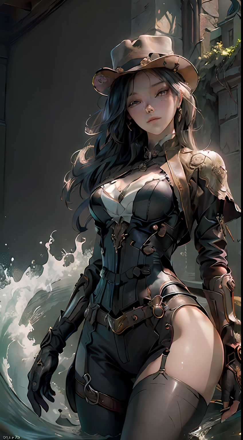 ((Best quality)), ((masterpiece)), (detailed:1.4), 3D, steampunk gal, intricate steampunk top hat, steampunk googles, purple corset, enormously detailed,HDR (High Dynamic Range),Ray Tracing,NVIDIA RTX,Super-Resolution,Unreal 5,Subsurface scattering,PBR Texturing,Post-processing,Anisotropic Filtering,Depth-of-field,Maximum clarity and sharpness,Multi-layered textures,Albedo and Specular maps,Surface shading,Accurate simulation of light-material interaction,Perfect proportions,Octane Render,Two-tone lighting,Wide aperture,Low ISO,White balance,Rule of thirds,8K RAW,Masterpiece, best quality, (8k very detailed CG unit wallpaper) (best quality), (best illustration), (best shading) a golden sea wave, bright orange aol sunset through the wave, golden water drops flying, (:1. 6),