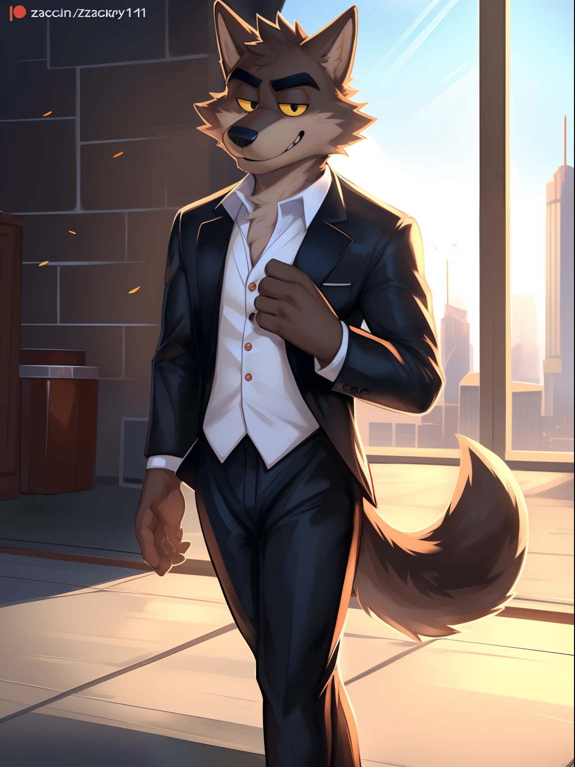 ((Perfect anatomy, detailed eyes, detailed legs, detailed arms, detailed tail, detailed body, detailed face)), Mr Wolf, (The bad guys), 1male, brown furs, yellow eyeballs, black eyes, white suit, by Zackary911, Zackary911