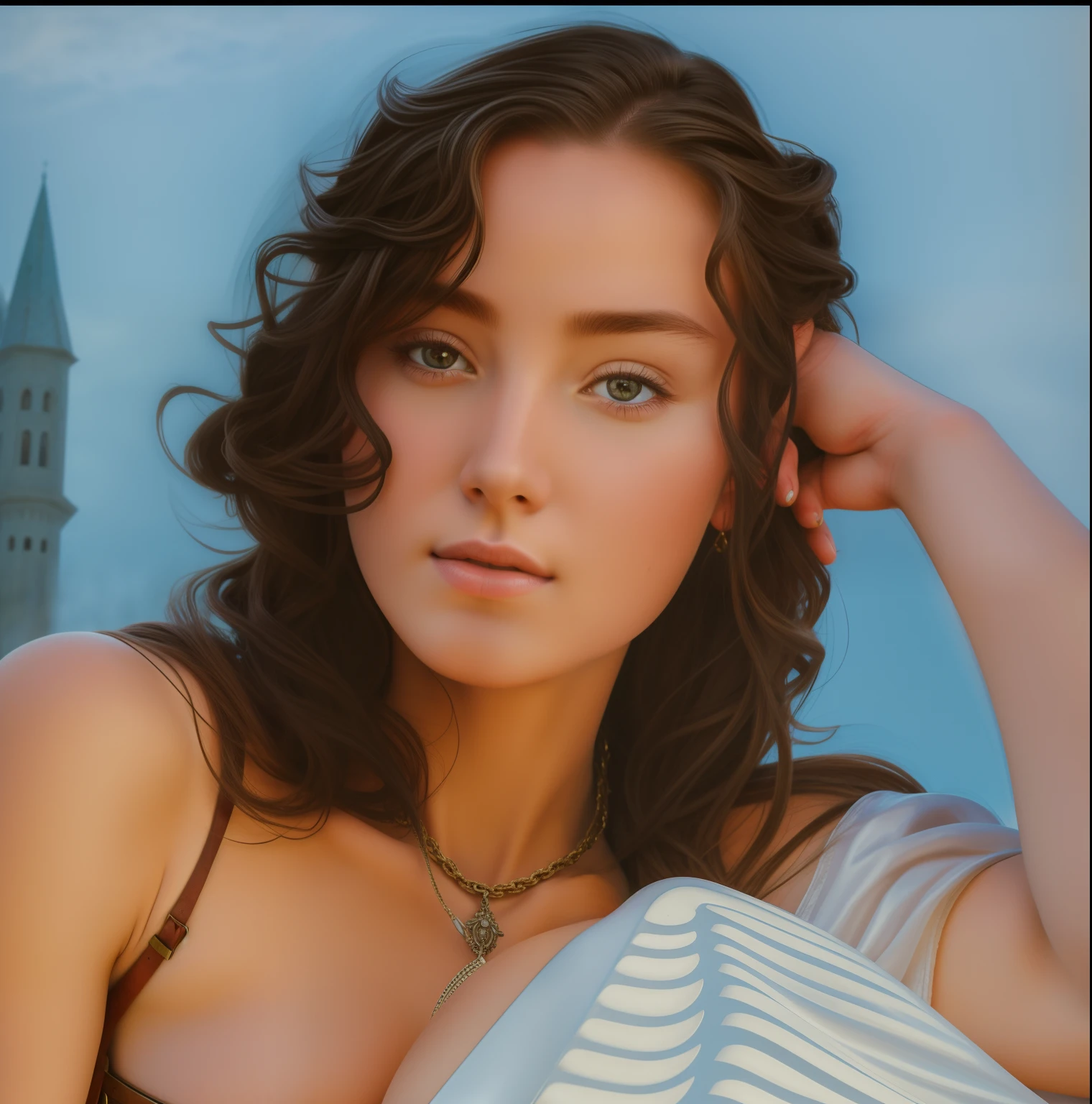 Masterpiece, best quality, baroque, realistic, 1girl, white medieval armor, upper body, looking at the viewer, open field, battlefield