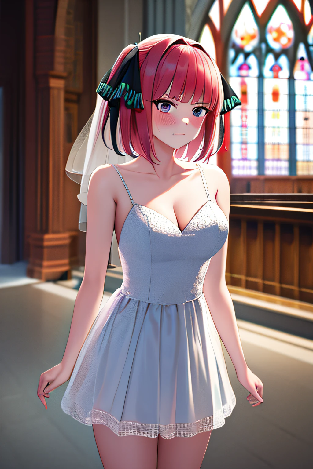 masterpiece, best quality, highres, nn1, 1girl, hair ribbon, short hair, wedding dress, mini dress, wedding_veil, cleavage, church, cowboy shot, looking at viewer, annoyed, blush,