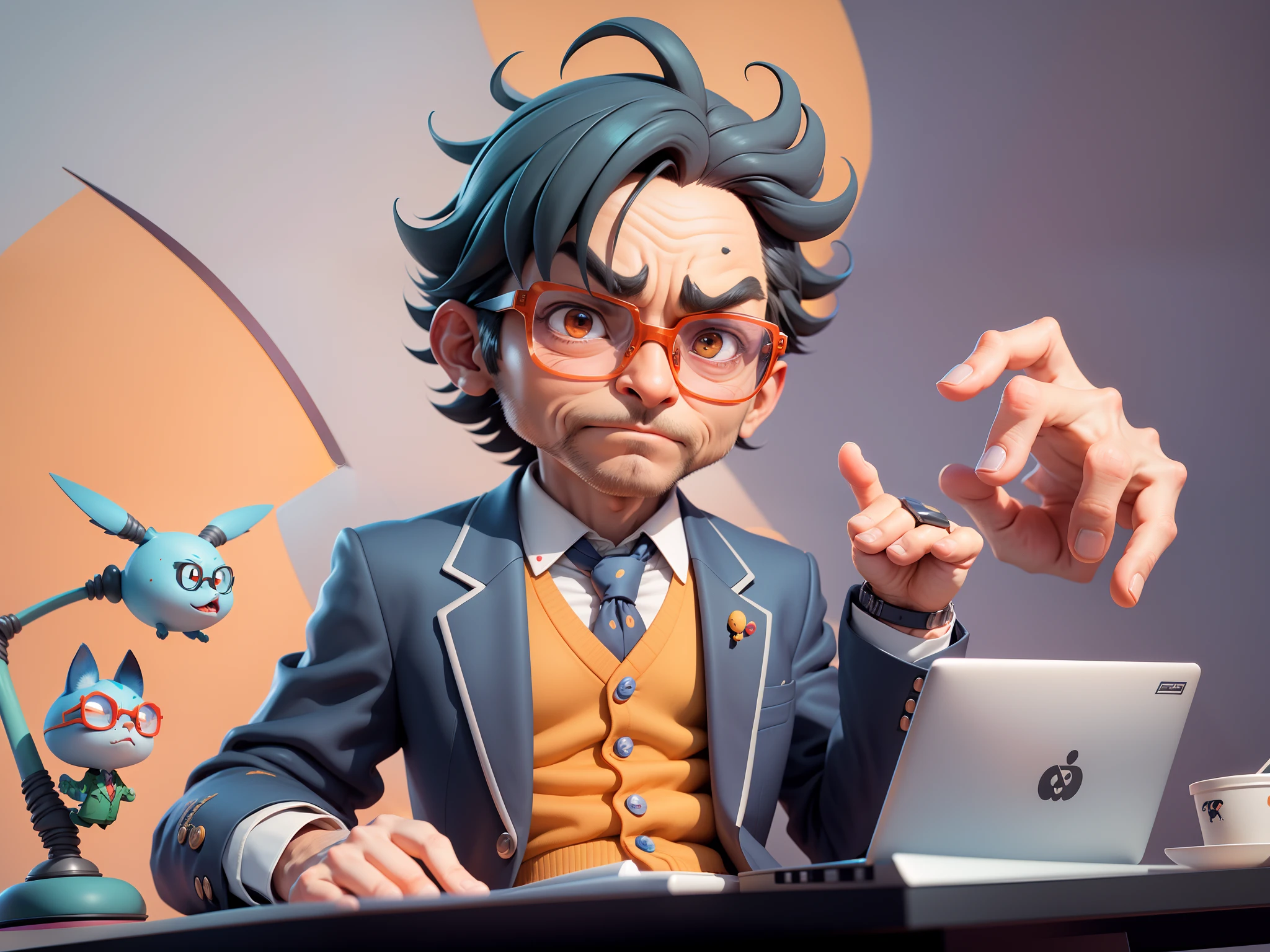 A young man in a suit, Short hair and glasses sat at his desk，holding laptop，digitial painting，tigre，3D character design by Mark Clairen and Pixar and Hayao Miyazaki and Akira Toriyama，4K HD illustration，Very detailed facial features and cartoon-style visuals。