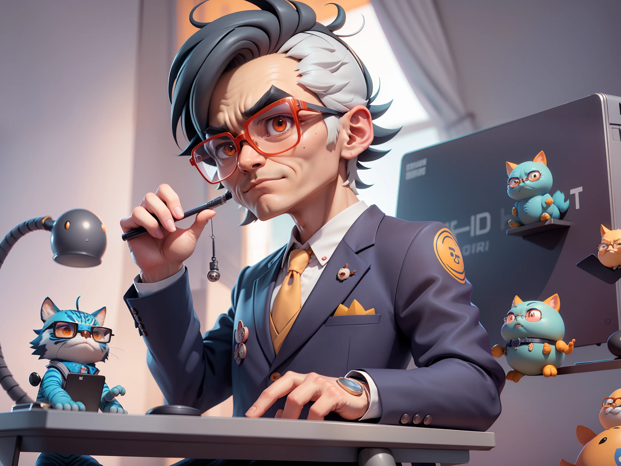 A young man in a suit, Short hair and glasses sat at his desk,holding laptop,digitial painting,tigre,3D character design by Mark Clairen and Pixar and Hayao Miyazaki and Akira Toriyama,4K HD illustration,Very detailed facial features and cartoon-style visuals。