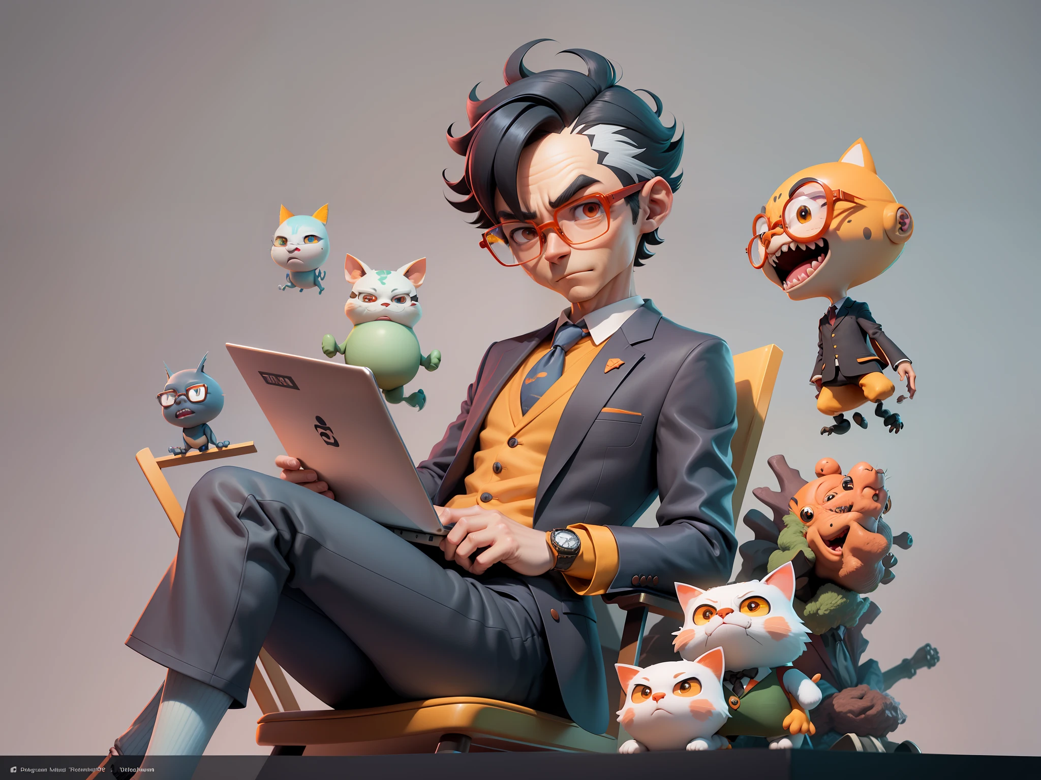 A young man in a suit, Short hair and glasses sat at his desk，holding laptop，digitial painting，tigre，3D character design by Mark Clairen and Pixar and Hayao Miyazaki and Akira Toriyama，4K HD illustration，Very detailed facial features and cartoon-style visuals。