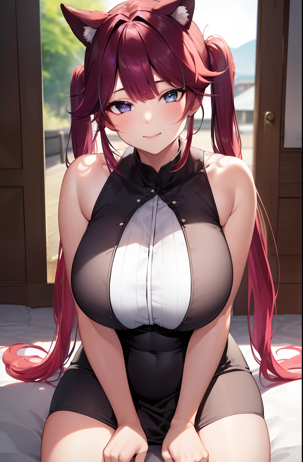 (natta:1.7), east asian architecture, bend over，No leakage of big breasts， shift dresses, brunette color hair, long whitr hair, Pull back, lip flap, purpleeyes, pigtails, 1female, comic strip,20yr old,A MILF,Beautiful fingers,Beautiful long legs,Beauty body，pretty nose，Beautiful character design，perfect  eyes，s the perfect face，looking at viewert，（innocent_big_eyes：1.0），（Light_smile：1.0），offcial art，Very detailed CG unity 8k wallpaper，perfect litthing，extremely colorful，Bright_Front_face_Lighting，（tmasterpiece:1.0),(best_quality:1.0), 超高分辨率,4K,ultra - detailed, photography of, 8K, HDR, highres, absurdres:1.2, Kodak portra 400, filmgrain, The background is blurred out, bokeh:1.2, lens flare glow, ( vibrant_color:1.2) (Beautiful,large_Breasts:1.4), (beautiful_face:1.5),(narrow_waist),