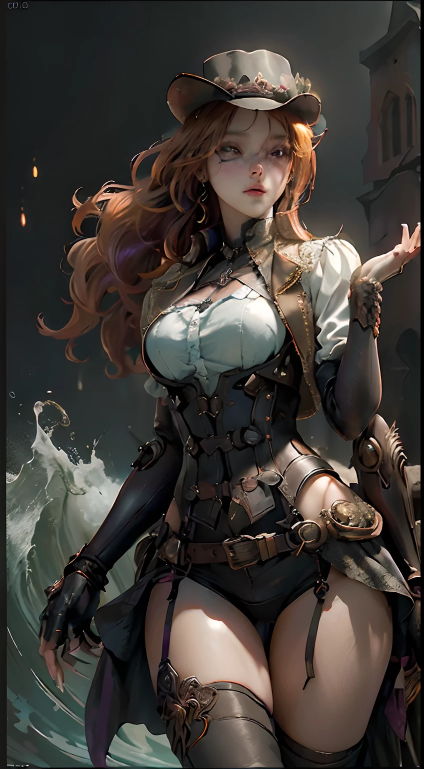 ((Best quality)), ((masterpiece)), (detailed:1.4), 3D, steampunk gal, intricate steampunk top hat, steampunk googles, purple corset, enormously detailed,HDR (High Dynamic Range),Ray Tracing,NVIDIA RTX,Super-Resolution,Unreal 5,Subsurface scattering,PBR Texturing,Post-processing,Anisotropic Filtering,Depth-of-field,Maximum clarity and sharpness,Multi-layered textures,Albedo and Specular maps,Surface shading,Accurate simulation of light-material interaction,Perfect proportions,Octane Render,Two-tone lighting,Wide aperture,Low ISO,White balance,Rule of thirds,8K RAW,Masterpiece, best quality, (8k very detailed CG unit wallpaper) (best quality), (best illustration), (best shading) a golden sea wave, bright orange aol sunset through the wave, golden water drops flying, (:1. 6),