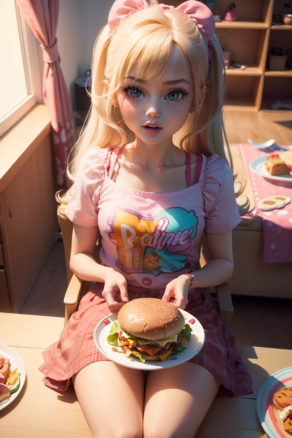 Make a girl
She's hungry
With Barbie's clothes
She's eating hamburger
Pixar, 3D, Disney