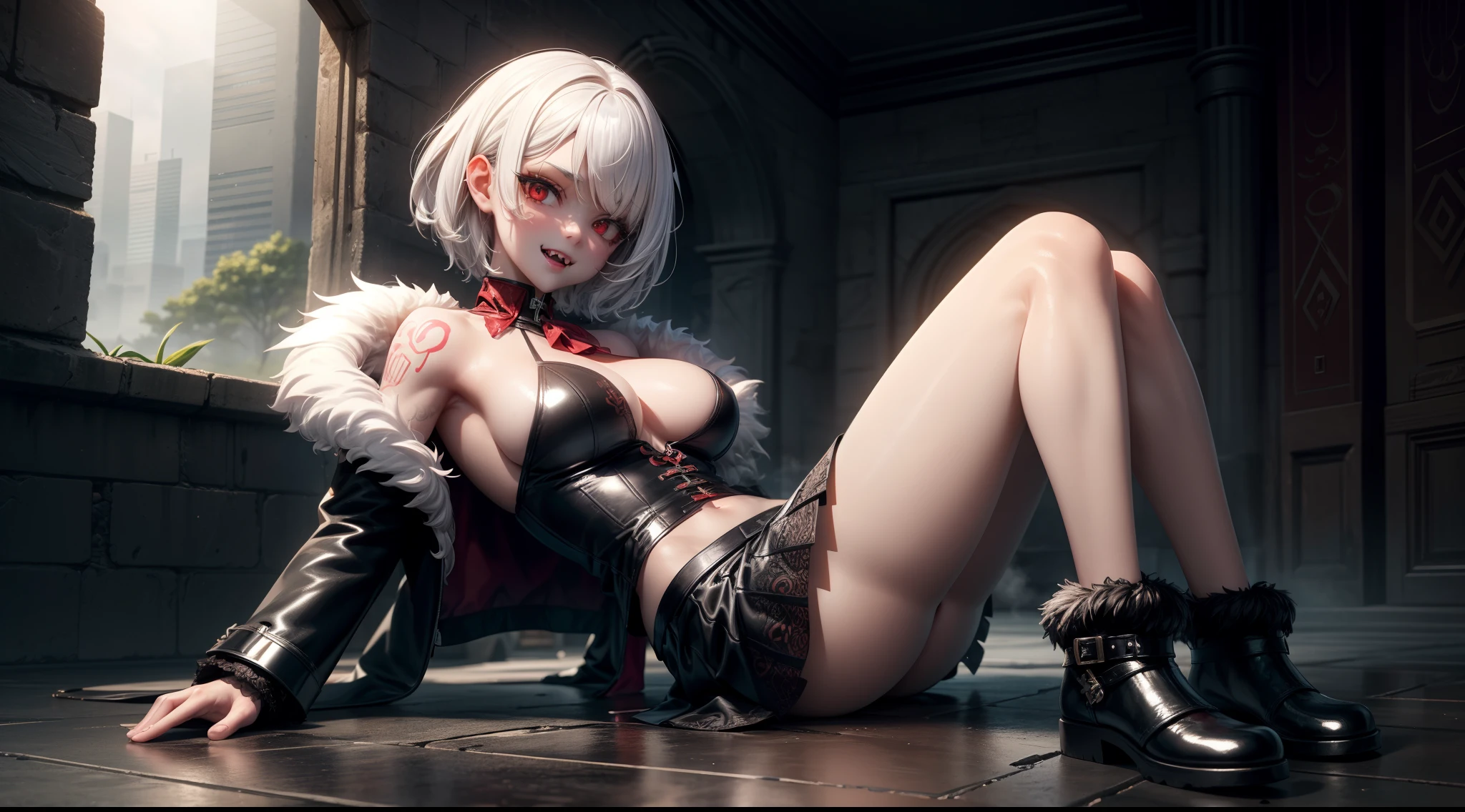 (savage, tribal)_vampire [white hair|black hair], bat fur, coat, ((fangs)), extremely_detailed_tribal_(lacy, leather, fur, silk, satin, latex)_(clothing, skirt), detailed face, detailed beautiful shiny red eyes, slit pupils, (((seductive laying))), metallic reflections, ((tatooed, marked)_with_shining_runes)_fit_muscular_body, shiny skin, tropical city ruins fog, (((1girl))), portrait, (full body), natural breasts, medium length white hair, masterpiece, best quality, beautiful and aesthetic:1.2, fractal art:1.4, 16K, HDR, RTX, Ray Tracing, Radiosity, Anisotropic Filtering, Subsurface Scattering