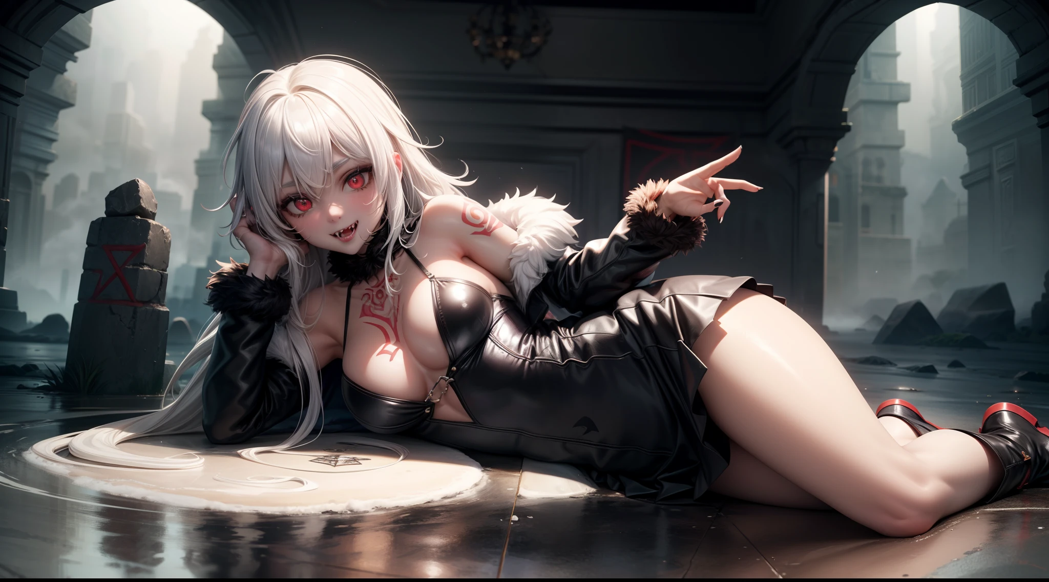 (savage, tribal)_vampire [white hair|black hair], bat fur, coat, ((fangs)), extremely_detailed_tribal_(lacy, leather, fur, silk, satin, latex)_(clothing, skirt), detailed face, detailed beautiful shiny red eyes, slit pupils, (((seductive laying))), metallic reflections, ((tatooed, marked)_with_shining_runes)_fit_muscular_body, shiny skin, tropical city ruins fog, (((1girl))), portrait, (full body), natural breasts, medium length white hair, masterpiece, best quality, beautiful and aesthetic:1.2, fractal art:1.4, 16K, HDR, RTX, Ray Tracing, Radiosity, Anisotropic Filtering, Subsurface Scattering