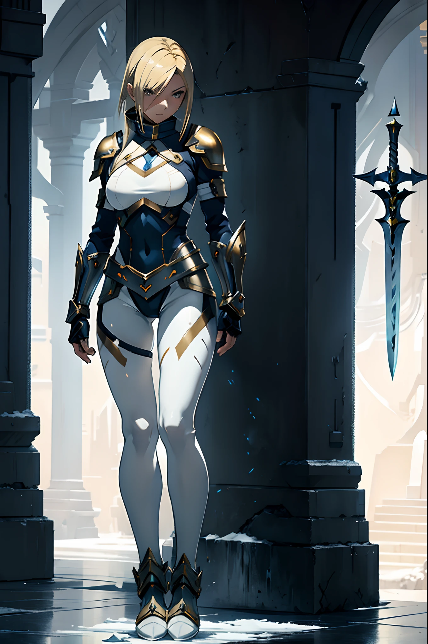 masterpiece, best quality, Agrias, simple armor with neckline, short blonde hair, assasina, white shoe, ice, fantasy, solo, pants, ice effects, Holding dagger, standing, perfect hands, perfect fingers, highleg tights,using anbu mascarat,full body,