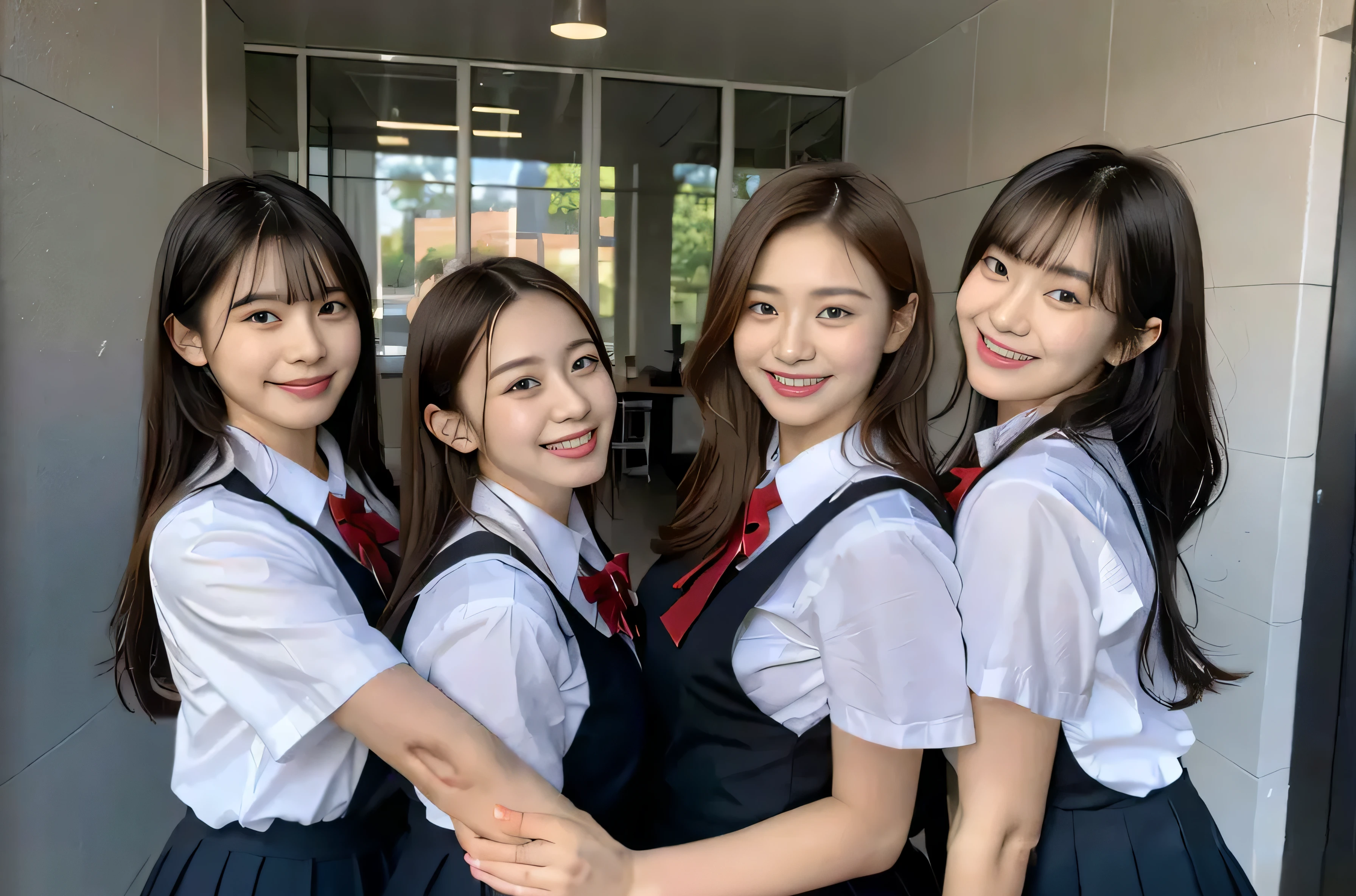 Three girls in uniform posing for photos in the hallway, JK Uniform, Seifuku, Wearing school uniform, sakimichan, pupils, wearing japanese school uniform, Wearing a school uniform, official artwork, Official, High School Girls, promo still, Japan school uniform, cutecore, Korean Idol, fanart, ulzzangs, japanese girl school uniform