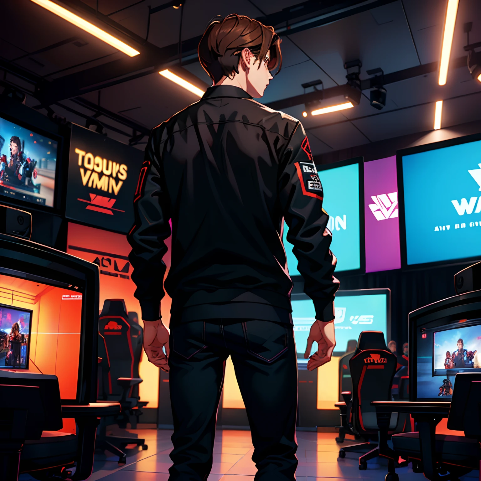 A handsome young man with brown hair,wearing black clothes,with her back to us,Back Shadow,Stand in the esports arena