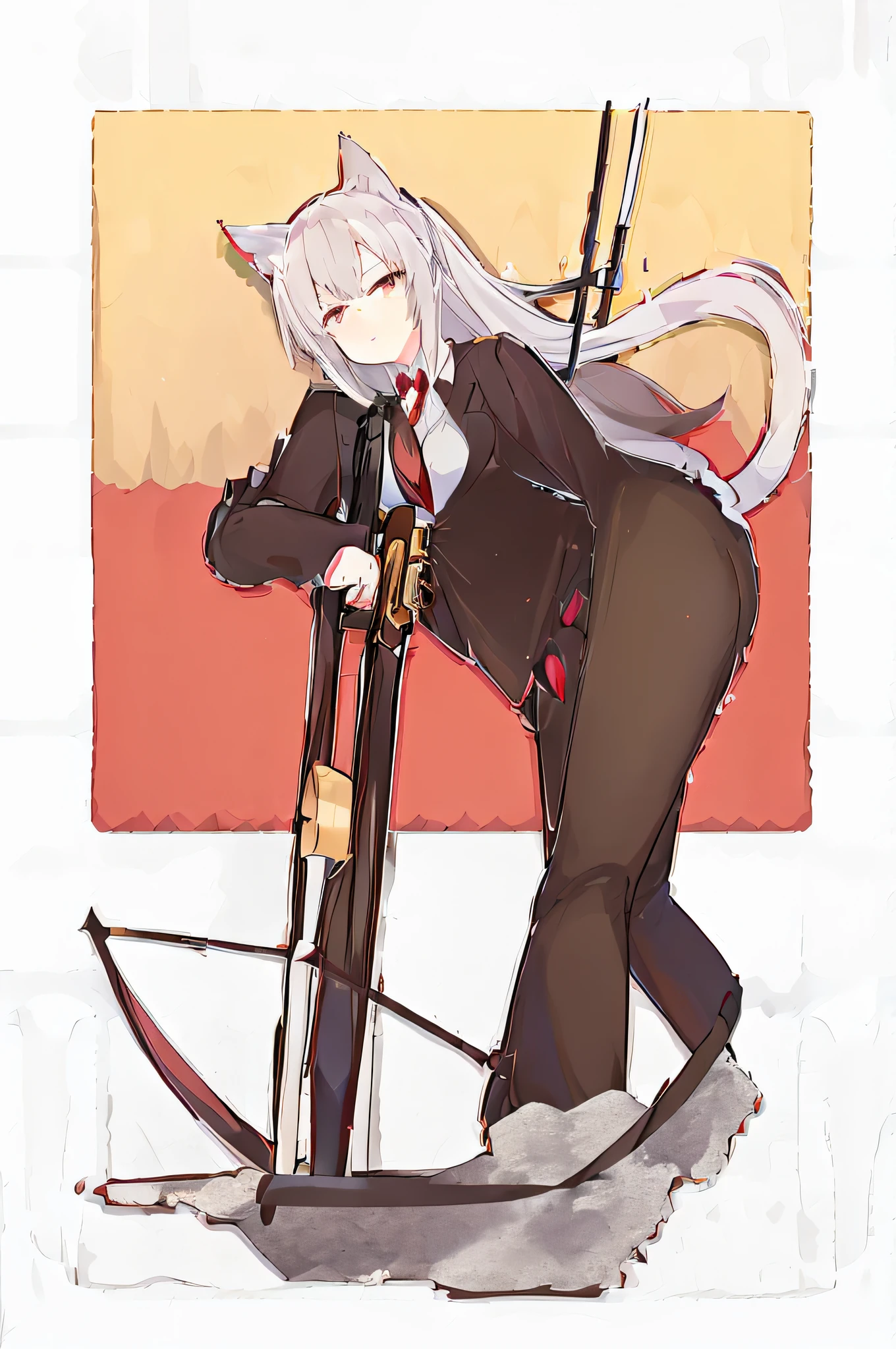 anthro cat girl holding a crossbow, wearing brown office uniform, wearing a red tie, her tail holding a flute, quiver full of arrow on the back, relax pose, best quality, masterpiece