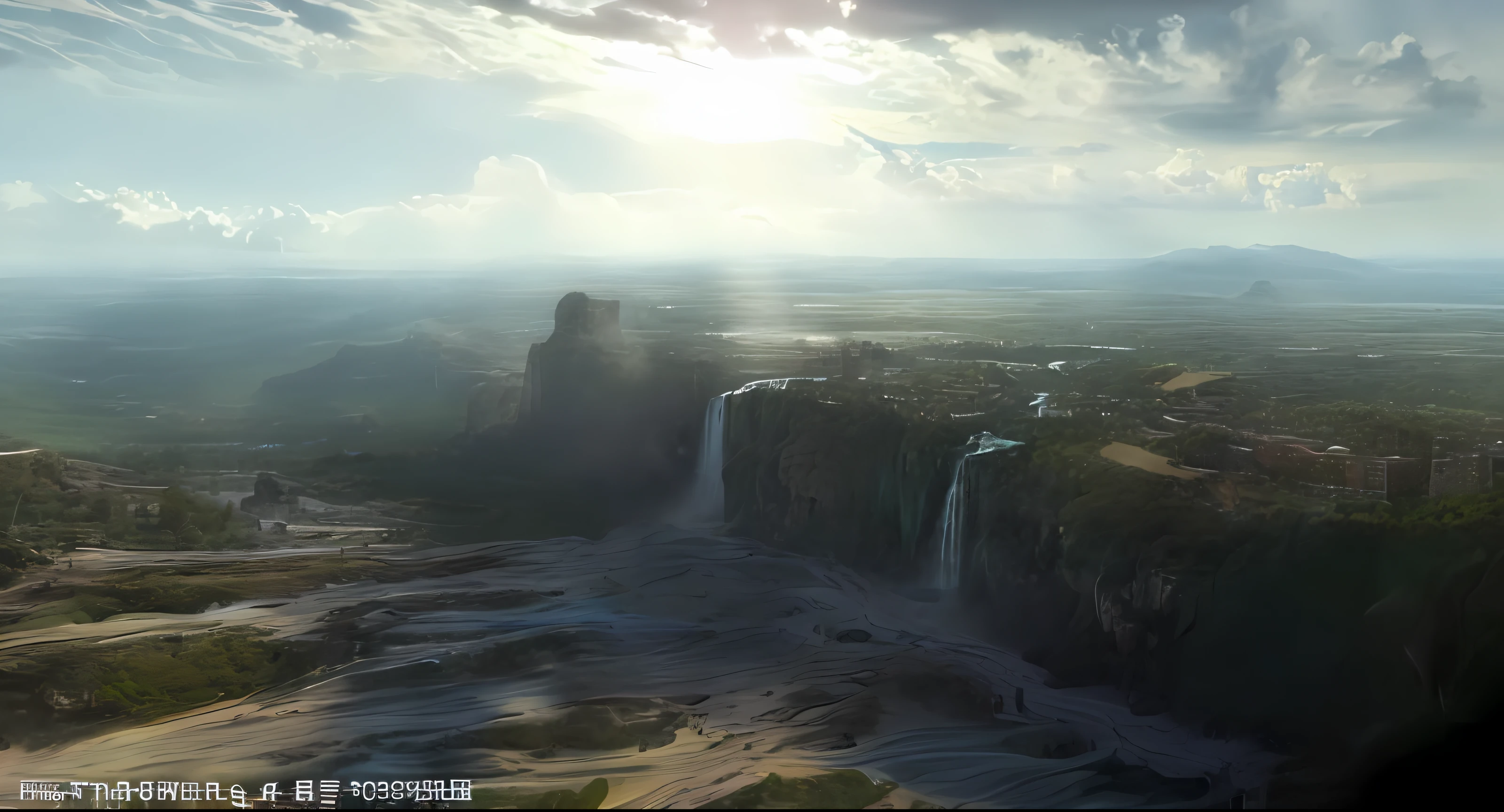 View of a large waterfall in a valley with the sky as a backdrop, Crazy meticulous matte painting, ( Matte painting, amazing exquisite matte painting, a detailed matte painting, stunning matte painting, hyperdetailed matte painting, Epic matte painting, exquisite matte painting, highly detailed matte painting, detailed matte painting, A matte painting, very beautiful matte painting, beautiful matte painting