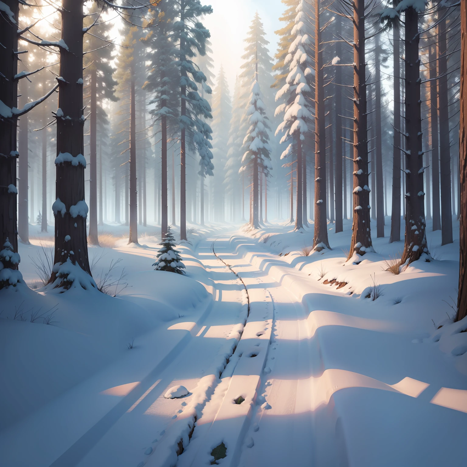 Skinny forest path during a blizard