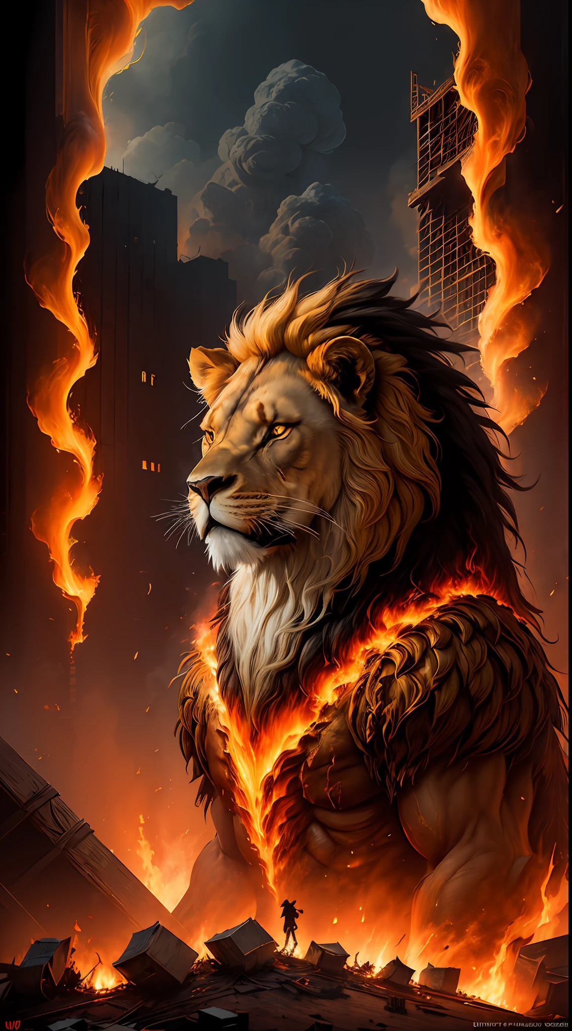(Award Winning Digital Digital Artwork:1.3), (Masterpiece, Ultra-Detailed:1.3), portrait,solo focus, (lion head Fire demon),(building-sized monster),Ifrit, smoke, fire, burning buildings, death, destruction, intricate