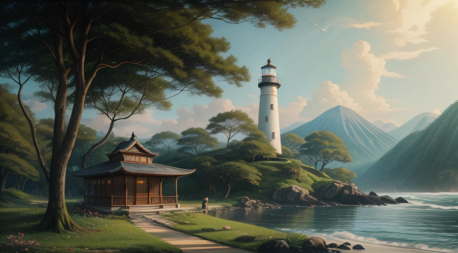 (obra-prima), (alta qualidade), melhor qualidade, real, (realista), super detalhado, (detalhe completo), (4k), 8k, sem seres humanos, scenecy, construction, arquitetura japonesa, East Asian architecture, ao ar livre, dia, sem casas flutuantes, realista, HD rendering 3D model, building rendering, Right angle isometric view, 45 degree angle, alto detalhe, filme, global ilumination, Reality Lighting, Unreal Engine rendering, Substance 3D, octan render, (hdr:1.3), There is an old lighthouse in the middle of a forest, farol estilo japones antigo, Lighthouse covered by vegetation because of many years of erosion, arquitetura japonesa antiga, Estilo Andreas Rocha, inspirado por Carl Spitzweg, arquitetura de fantasia, inspirado em Andreas Rocha, painterly concept art, arte conceitual altamente realista, O estilo de Andreas Rocha, wlop e ross tran, arte conceitual de pintura digital, floresta coberta, pintura conceito de fantasia