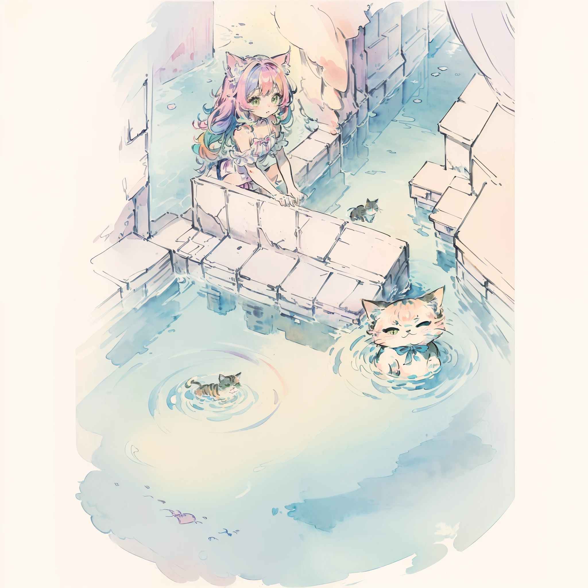 Cat((Take a cute cat 1.2))、I have a cat(Cute Cat 1.2)、Cute as a dream、(masterpiece、top-quality、top-quality、watercolor paiting(Curly)、Take a cute cat、Official art、Beautifully Aesthetic:1.2)、(a beauty girl:1.3)、patterns、pinkhair(rainbow-colored hair、colourful hair:1.2)、swimming pools、Cute swimsuit