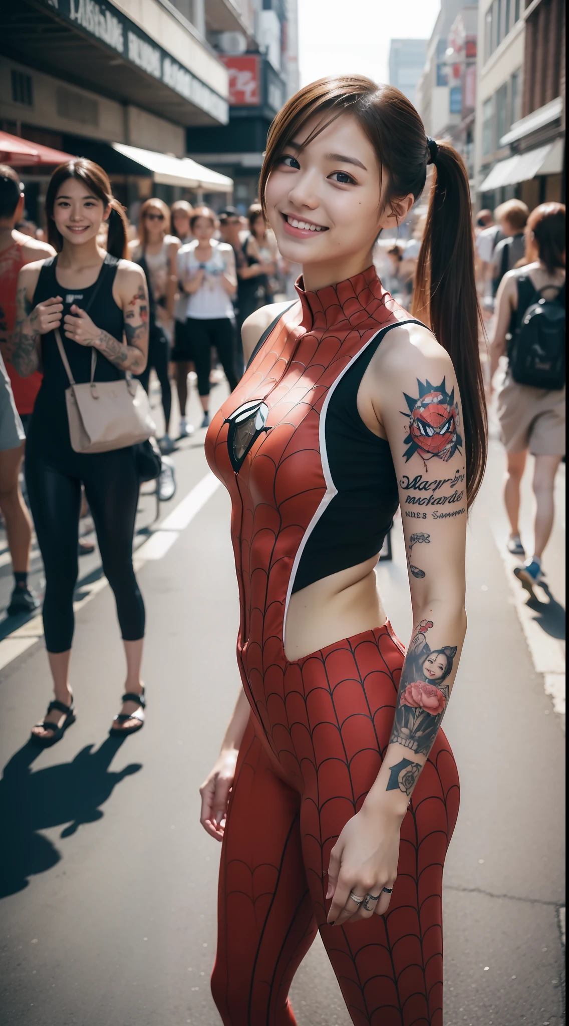 Beautiful, , 20 Yearsold Japanese Girl, Twintails, Armory Spiderman Outfit, Sleeveless, Medium Breast, Muscle Arm, White Skin, Happy, Street City Background , In The Crowd, Perfect, Tattooed, Full Body Tattooed