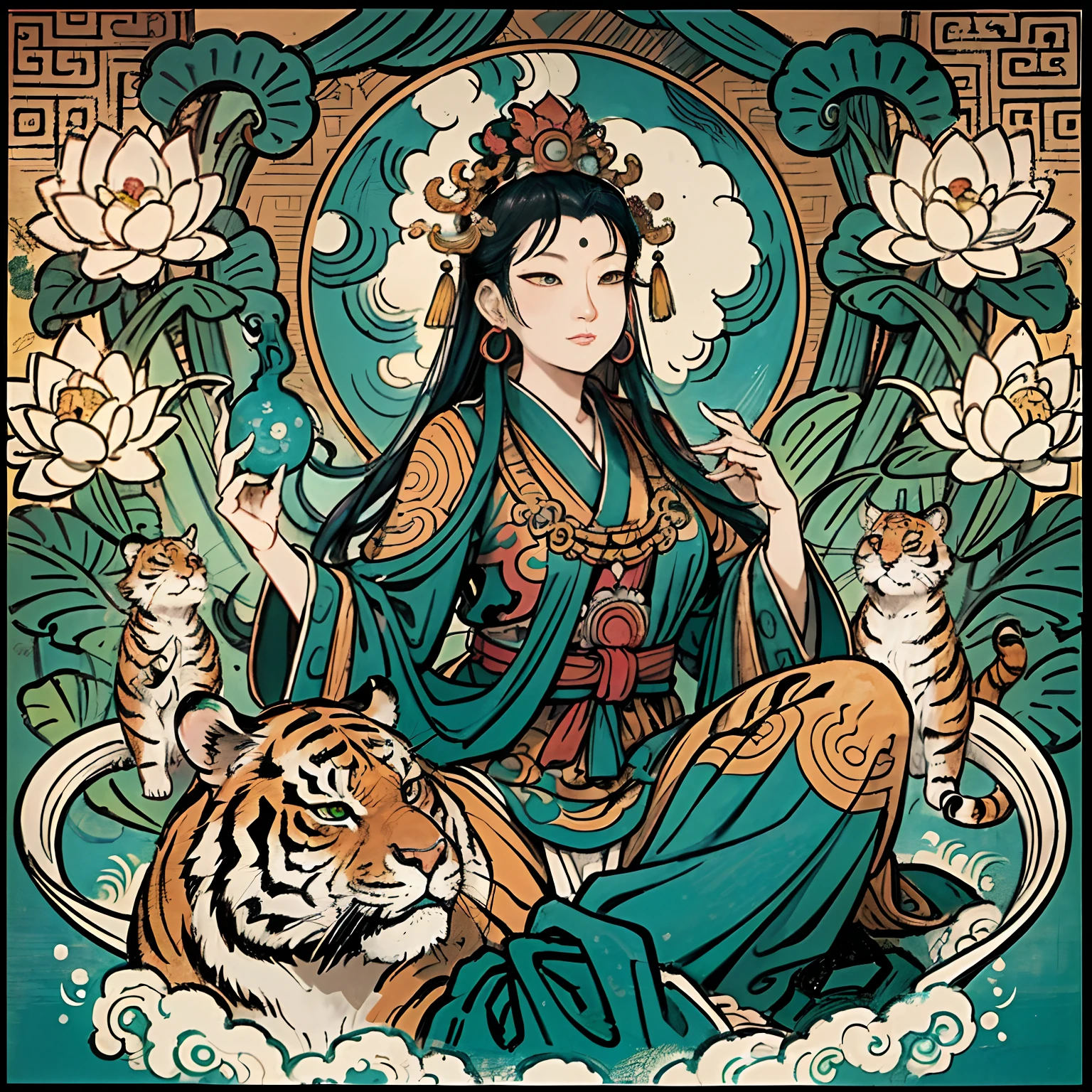 an ancient Chinese goddess, guanyin of the southern seas, Guanyin, Inspired by India, Avalokiteshvara rides a tiger,,Serene expression,shui mo hua,Buddha,Buddhist,Lotus,Chinese painting style,Thangka style