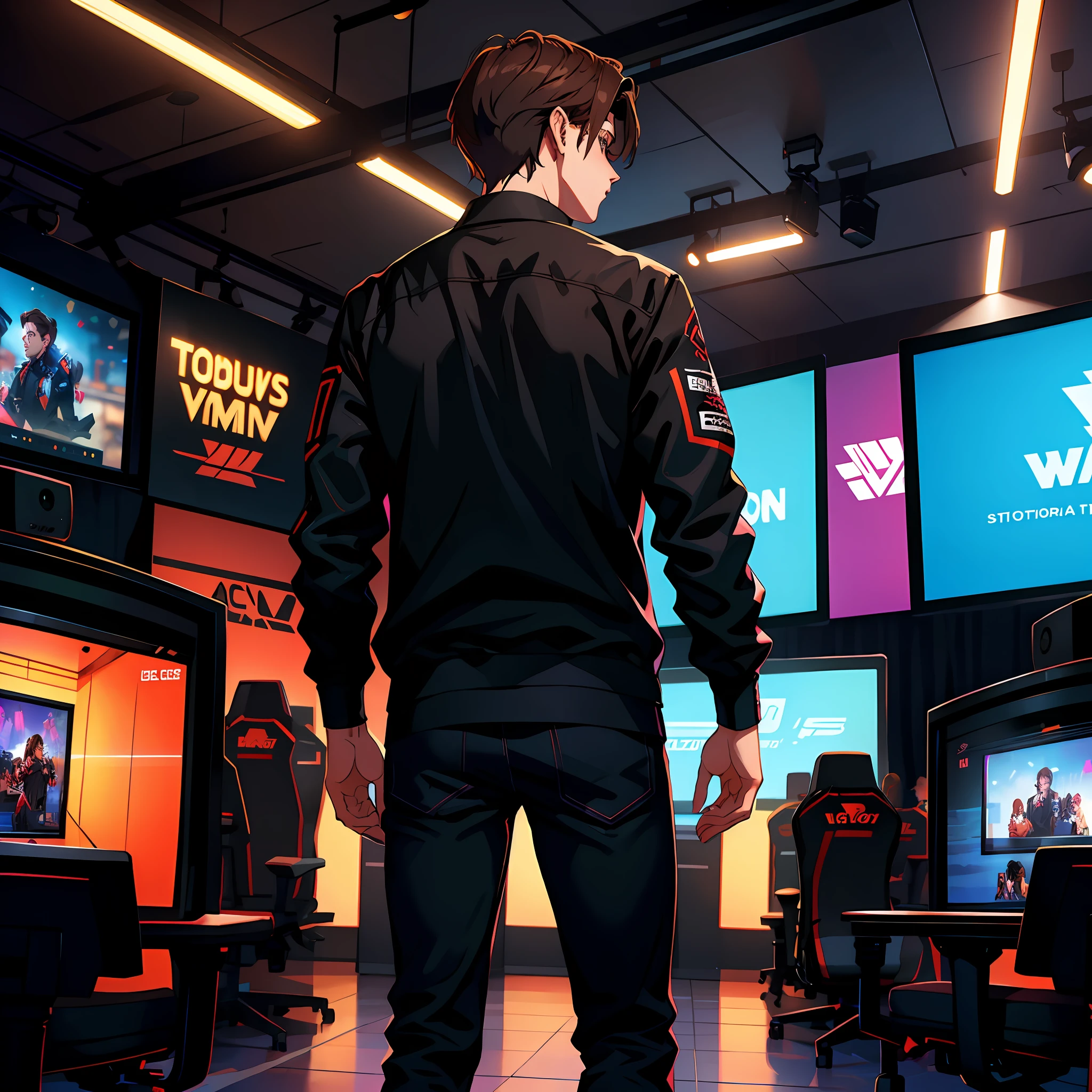 A handsome young man with brown hair，wearing black clothes，with her back to us，Back shadow，Stand on the esports stage