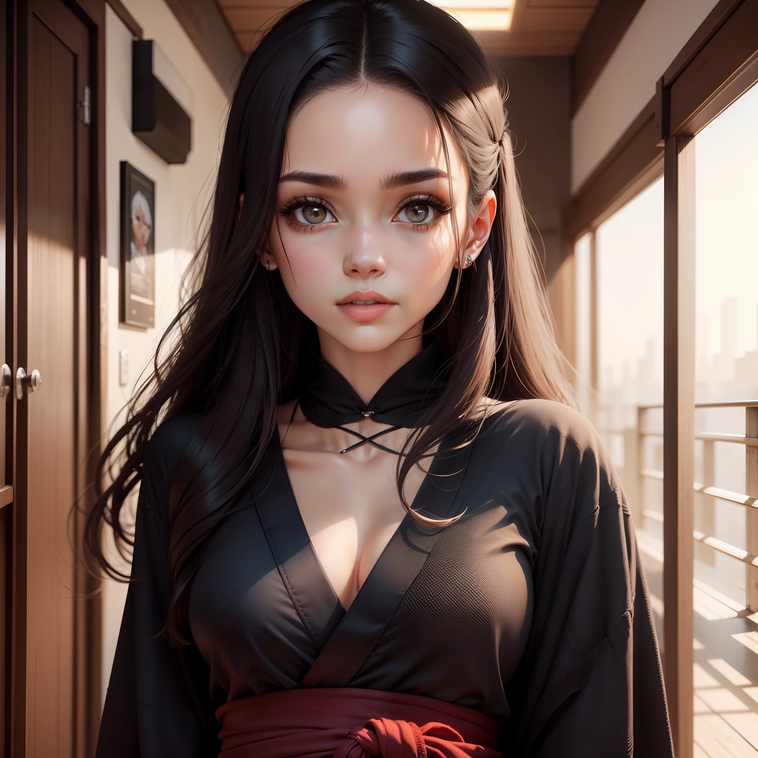 Amaya, jovem mulher de longos cabelos pretos levemente ondulados, olhos de cor bordo um vermelho acastanhado, pele alva. Baixa, com aproximadamente 1,58 de altura. Your body is thin, but advanced. Early in the story, ela tem de idade. Usando um kimono preto. Seus olhos tem um brilho vermelho