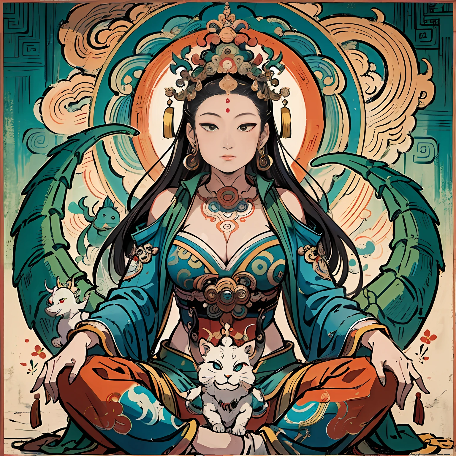 an ancient Chinese goddess, guanyin of the southern seas, Guanyin, Inspired by India, Avalokiteshvara rides a dragon，,Serene expression,shui mo hua,Buddha,Buddhist,Lotus,Chinese painting style,Thangka style