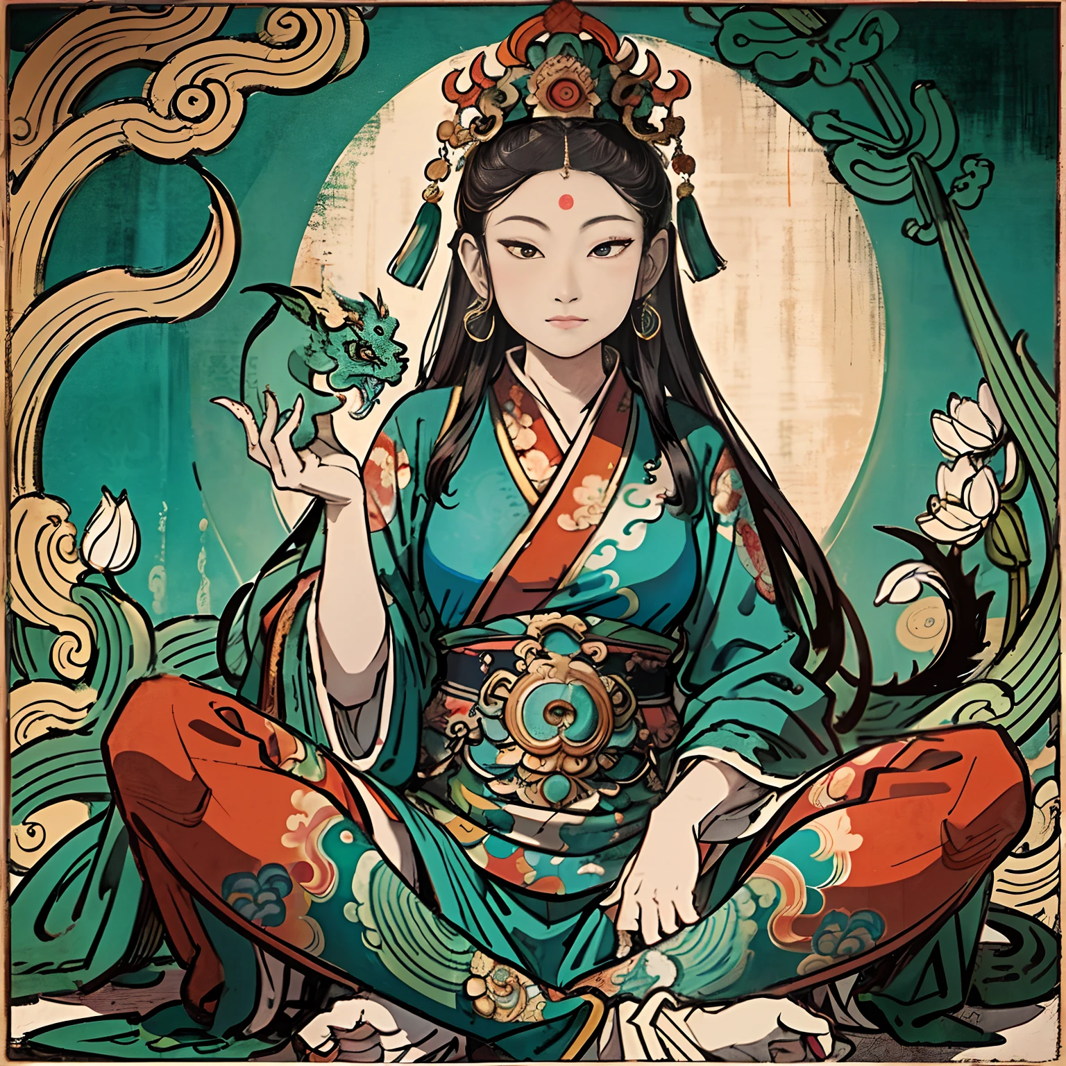 an ancient Chinese goddess, guanyin of the southern seas, Guanyin, Inspired by India, Avalokiteshvara rides a dragon,,Serene expression,shui mo hua,Buddha,Buddhist,Lotus,Chinese painting style,Thangka style