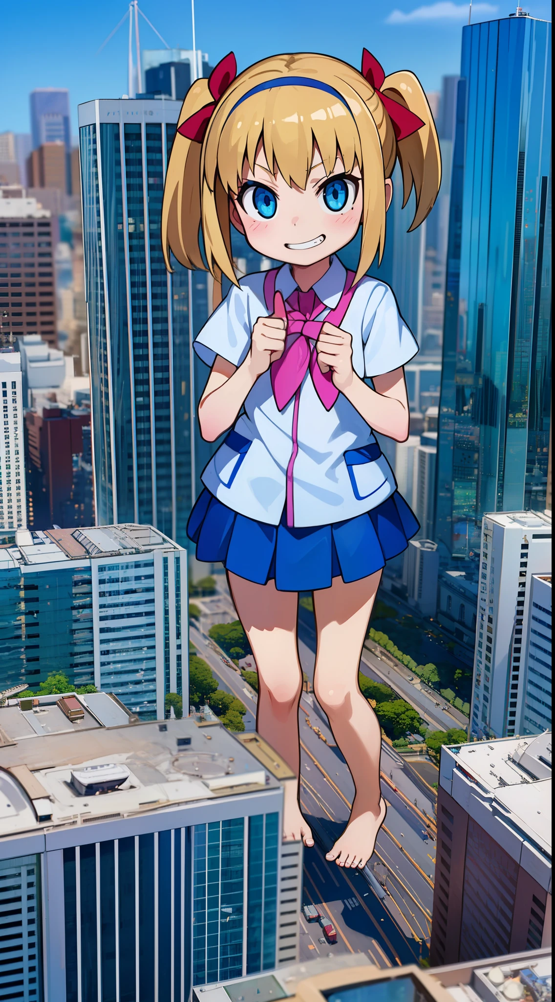 hiquality, tmasterpiece (One girl in kindergarten) cute face, A smirk with teeth on his face, blonde hair with two short ponytails and a hair band. Blue eyes - children's bright clothes. panty, Barefoot - the background of a giantess, GTSCity, The city. building.