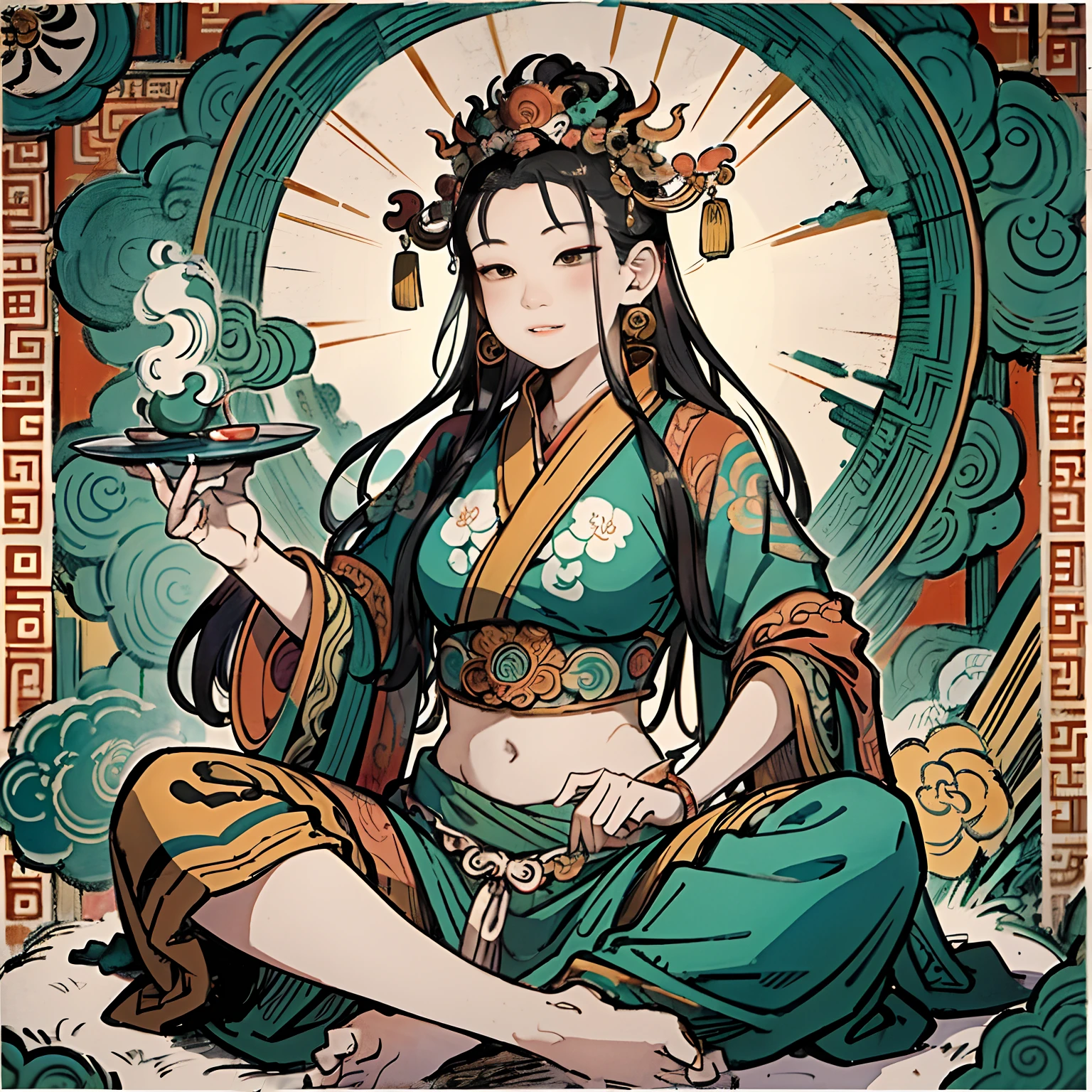 an ancient Chinese goddess, guanyin of the southern seas, Guanyin, Inspired by India, Avalokiteshvara rides a tiger,,Serene expression,shui mo hua,Buddha,Buddhist,Lotus,Chinese painting style,Thangka style
