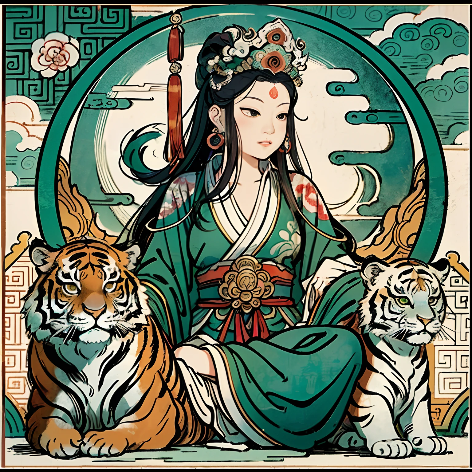 an ancient Chinese goddess, guanyin of the southern seas, Guanyin, Inspired by India, Avalokiteshvara rides a tiger,,Serene expression,shui mo hua,Buddha,Buddhist,Lotus,Chinese painting style,Thangka style