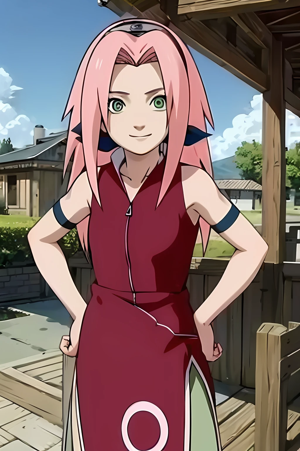 masterpiece, best quality, 1girl,haruno sakura, pink hair, long hair, green eyes, forehead protector, smile, hands on hips, blue sky, cloud, hidden village