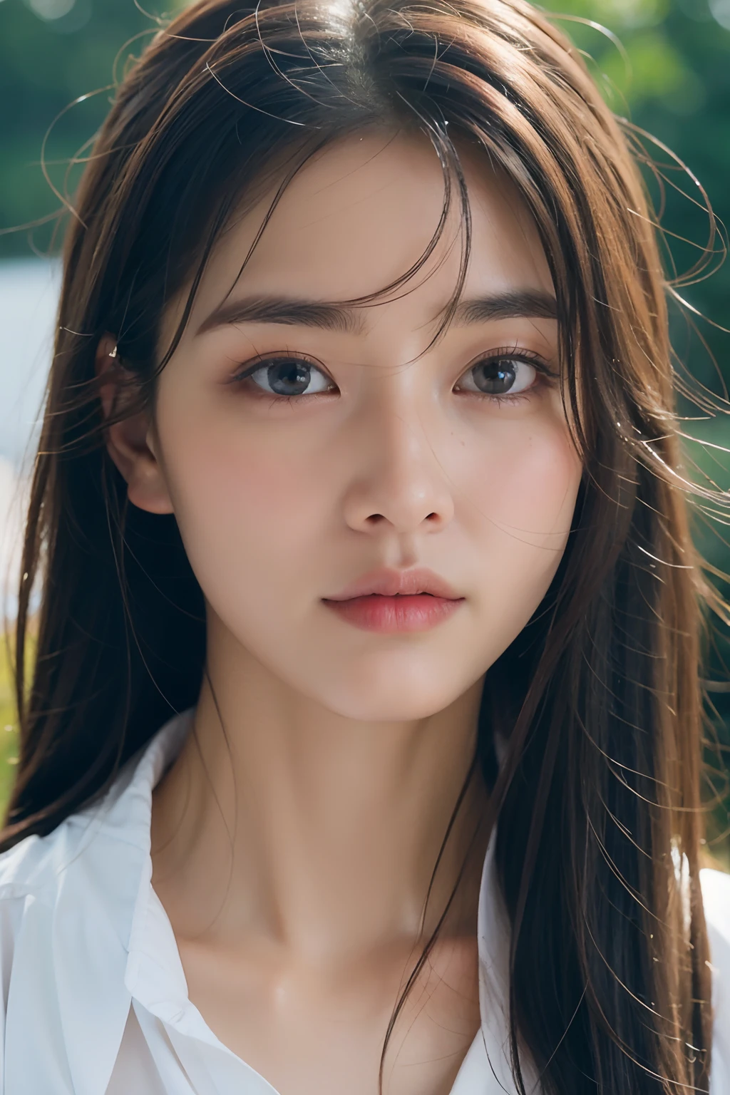 Alafed woman with long hair and white shirt staring at camera, young cute wan asian face, Young adorable Korean face, girl cute-fine-face, Young cute face, detailed face of a asian girl, soft portrait shot 8 k, the face of a beautiful Japanese girl, cute natural anime face, Beautiful delicate face, portrait cute-fine-face, Extremely beautiful face