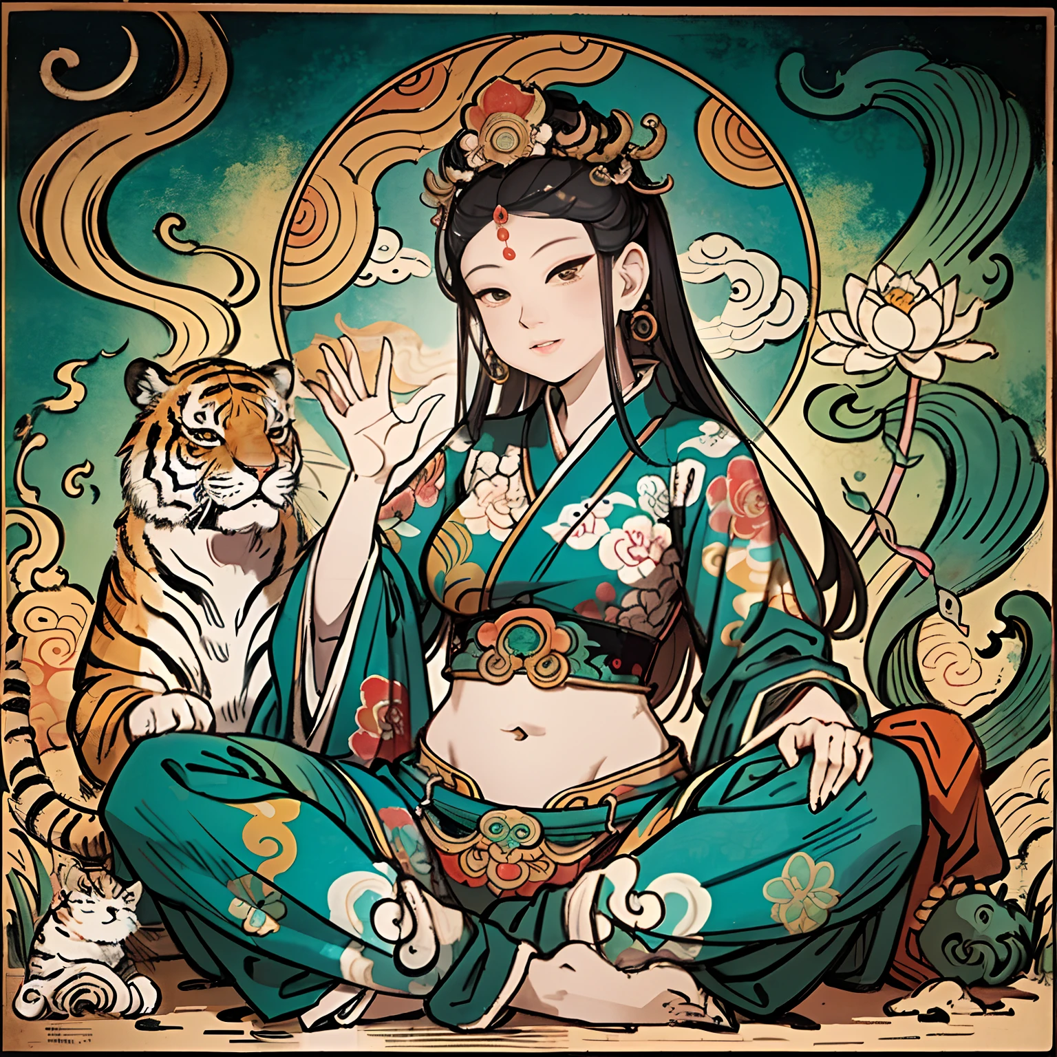 an ancient Chinese goddess, guanyin of the southern seas, Guanyin, Inspired by India, Avalokiteshvara rides a tiger,,Serene expression,shui mo hua,Buddha,Buddhist,Lotus,Chinese painting style,Thangka style