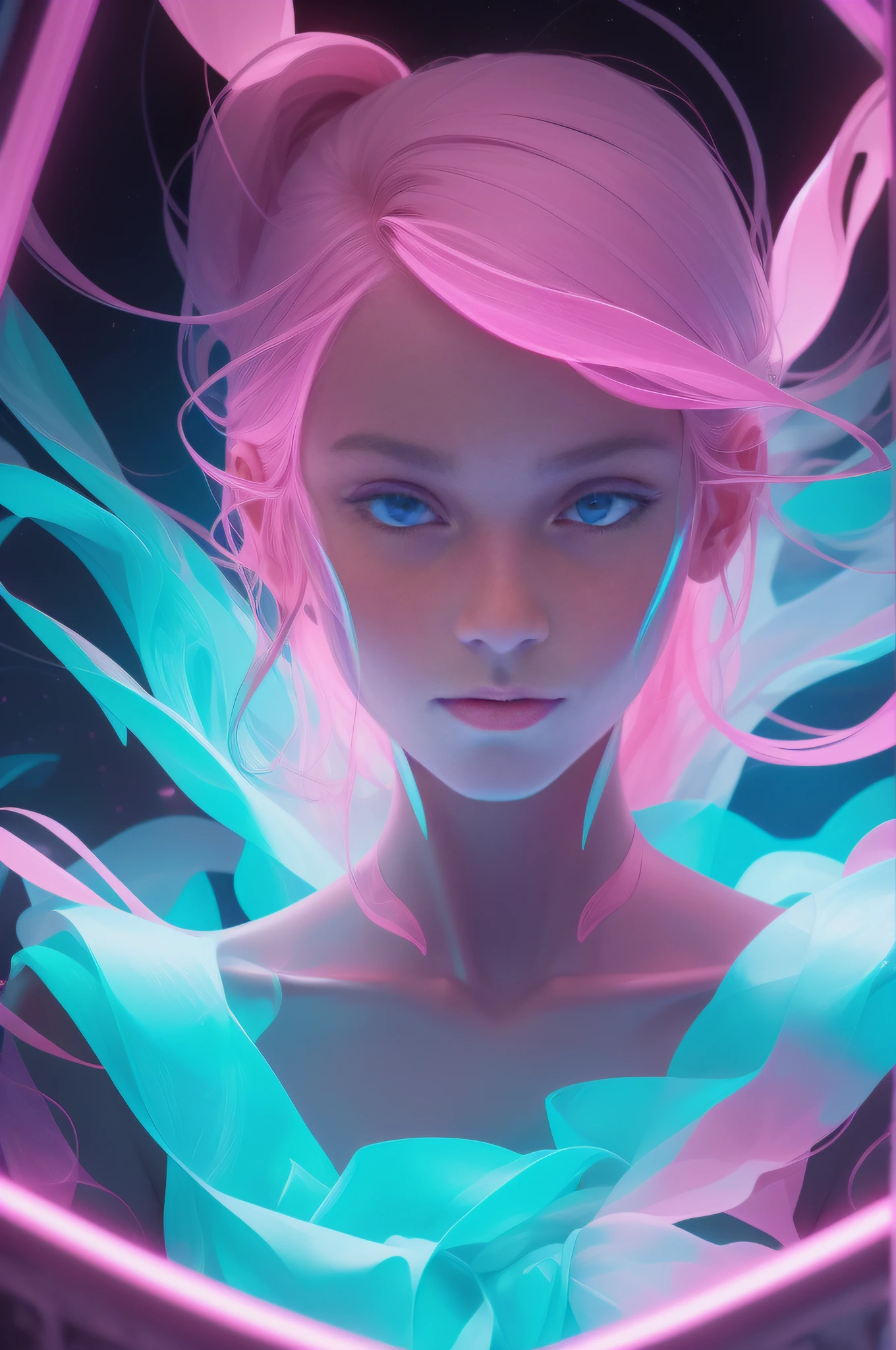 portrait Amidst mirror rooms and dark pink aquamarine hues, candid moments shine in a surreal engine-inspired masterpiece. Organic forms blend with neon light, echoing a hypnotic atmosphere