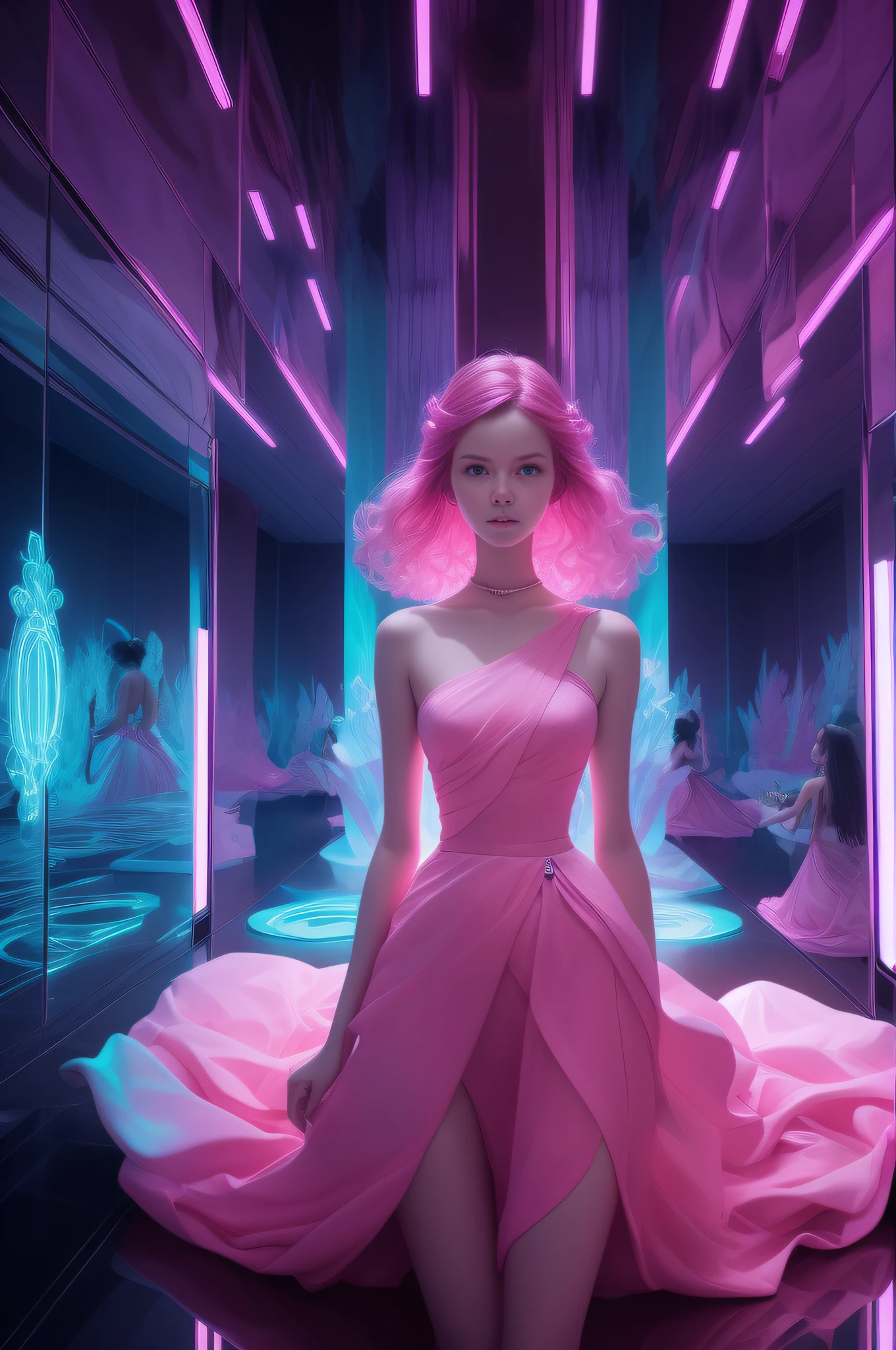 portrait Amidst mirror rooms and dark pink aquamarine hues, candid moments shine in a surreal engine-inspired masterpiece. Organic forms blend with neon light, echoing a hypnotic atmosphere