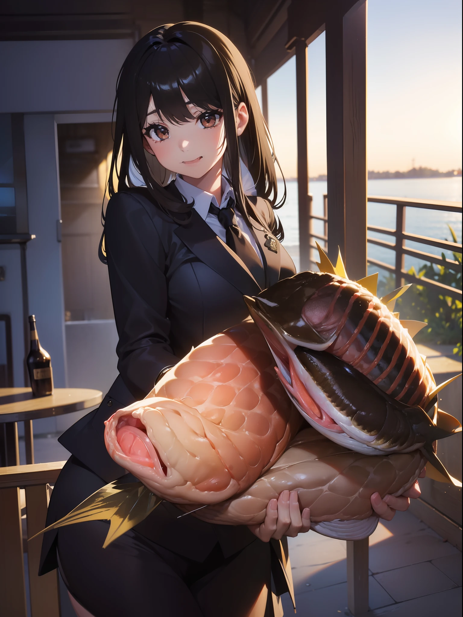 ((((Catching a big blackbass by the lakeside)))),((Best Quality, masutepiece :1.3)),(((large mouth bass:1.9)))hight resolution,ultra-detailliert,Official art,Beauty and aesthetics,masterpiece,best qualtiy,ighly detailed,1 japanese girl,Black hair, long eyeslashes, Solid Circle Eyes, deadpan, drop shadow, Atmospheric perspective,Super Detail, ccurate, Best Quality, small tits,Black jacket,top-quality, 8K, HDR, Hi-Res, absurderes:1.2, blurry backround, bokeh dof:1.2, a picture, (RAW Photography:1.2), (Photorealsitic:1.4), (masterpiece:1.3), (intricate detailes:1.2), Atmospheric perspective,Super Detail, ccurate, Best Quality,