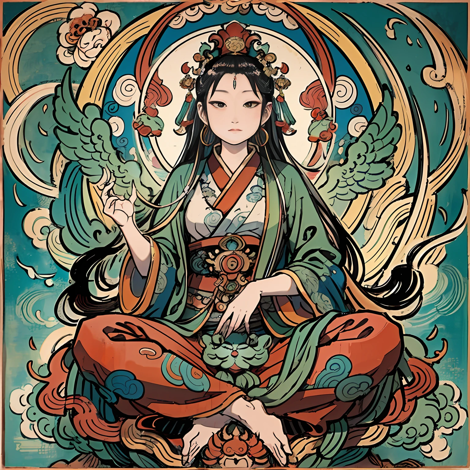 an ancient Chinese goddess, guanyin of the southern seas, Guanyin, Inspired by India, Avalokiteshvara rides a phoenix,,Serene expression,shui mo hua,Buddha,Buddhist,Lotus,Chinese painting style,Thangka style