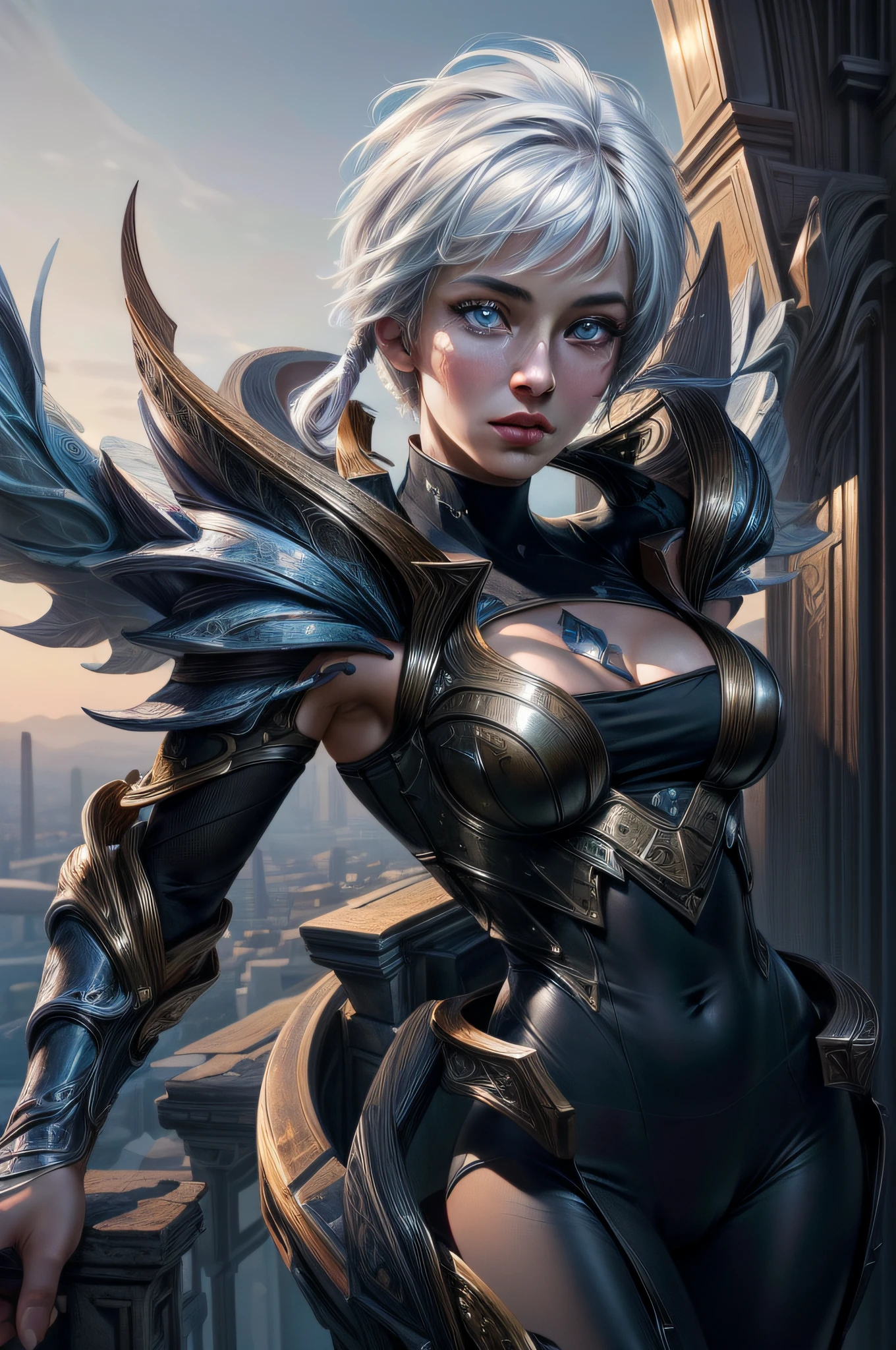 (masterpiece, best quality), intricate details, (Best quality)), ((masterpiece)), ((realistic)), (hyperrealism:1.2), (fractal art:1.2), 
(1girl),dawnbringer riven, 1girl, bodysuit, armor, white hair, short hair, 
 (perfect face:1.3),  extreme detailed eyes, colorful, highest detailed, 
 vibrant colors, high contrast,
(8K UHD:1.2), (photorealistic:1.2),