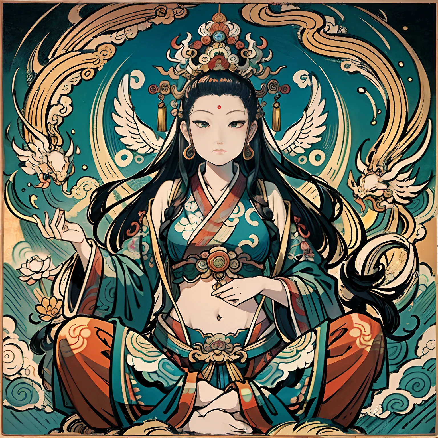 an ancient Chinese goddess, guanyin of the southern seas, Guanyin, Inspired by India, Avalokiteshvara rides a phoenix，,Serene expression,shui mo hua,Buddha,Buddhist,Lotus,Chinese painting style,Thangka style
