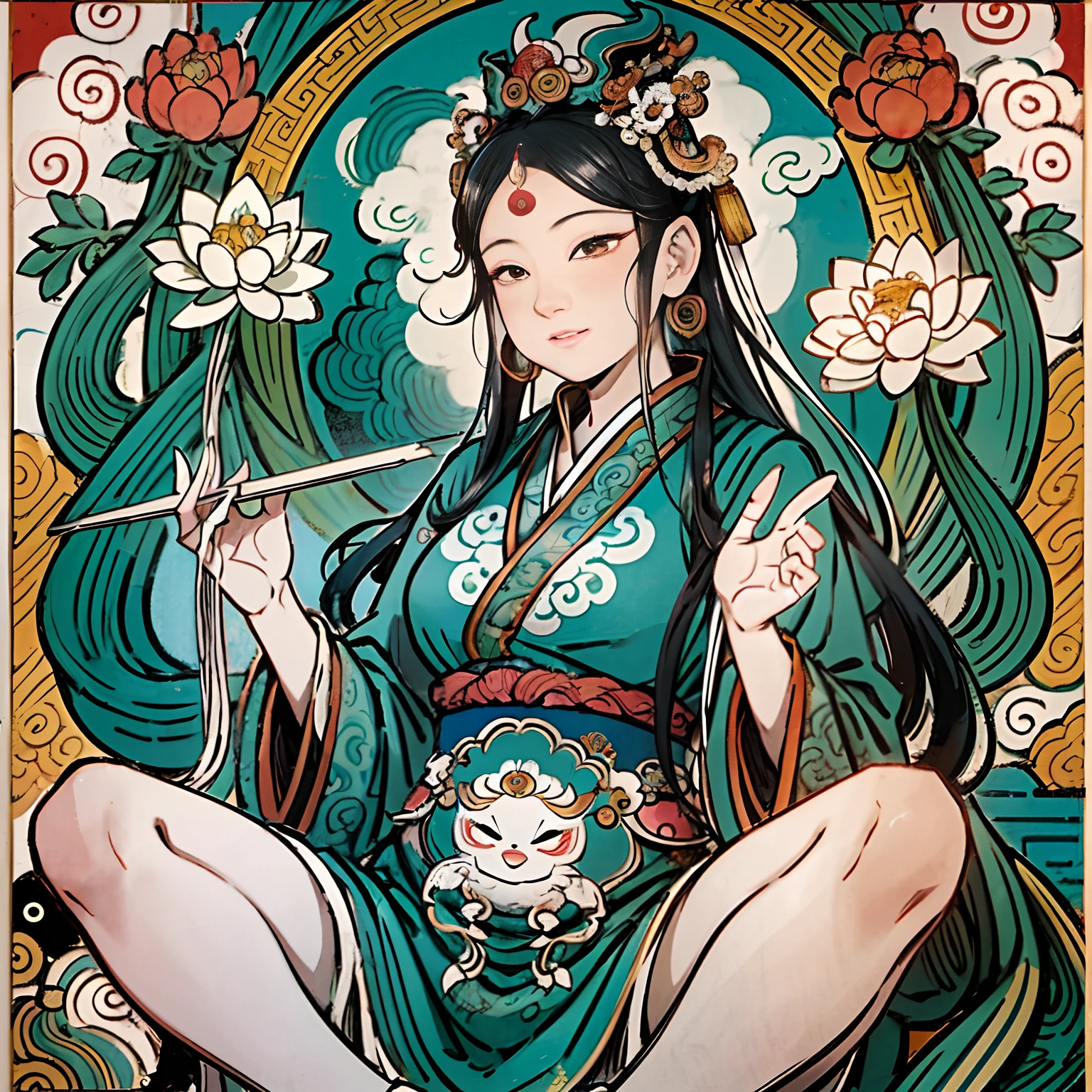 an ancient Chinese goddess, guanyin of the southern seas, Guanyin, Inspired by India, Avalokiteshvara,,Serene expression,shui mo hua,Buddha,Buddhist,Lotus,Chinese painting style,Thangka style