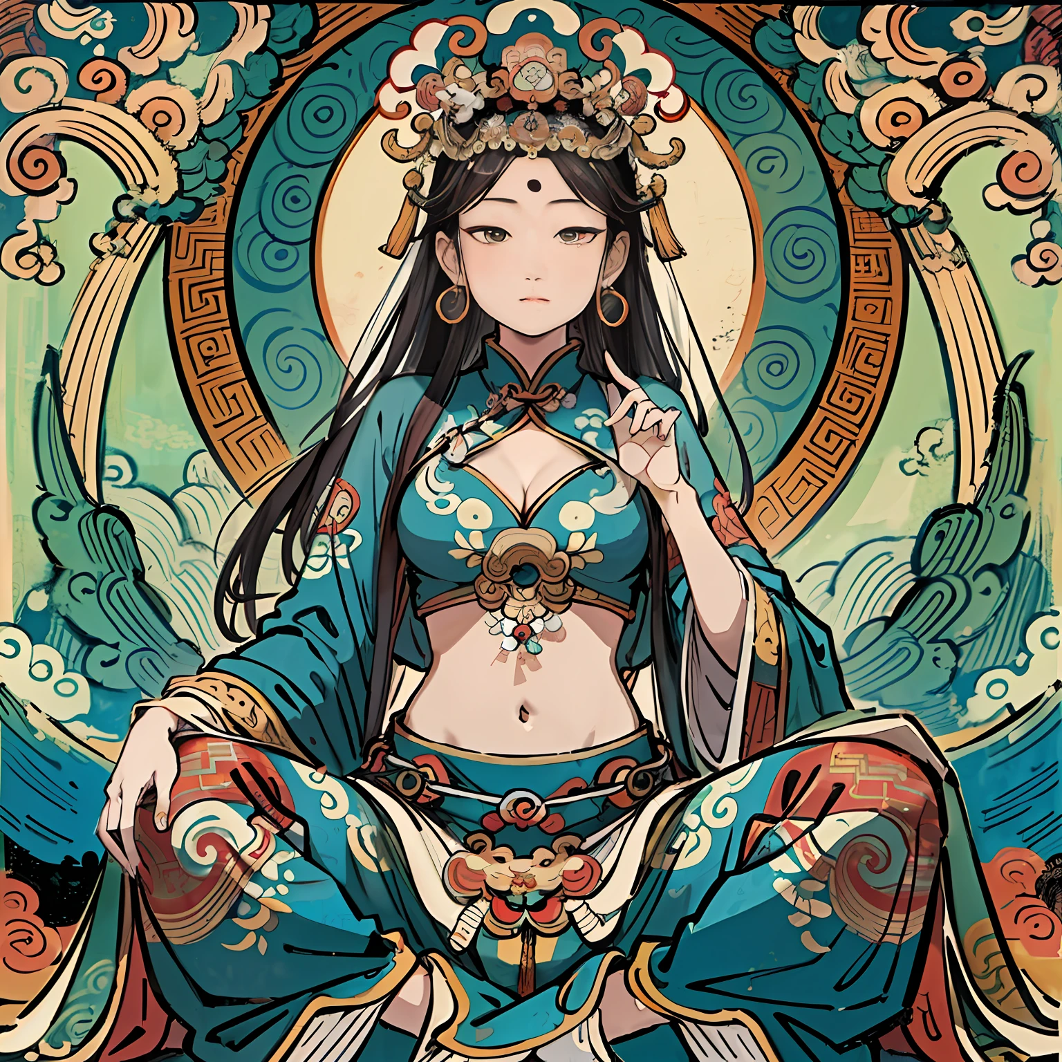 an ancient Chinese goddess, guanyin of the southern seas, Guanyin, Inspired by India, Avalokiteshvara,,Serene expression,shui mo hua,Buddha,Buddhist,Lotus,Chinese painting style,Thangka style