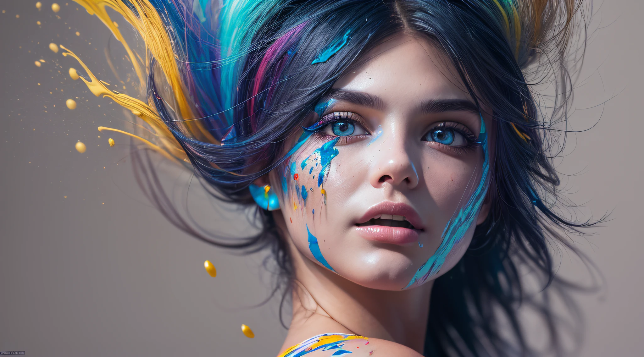8k, RAW photo, realistic, photo-realistic, hyper-realistic, highest quality, best quality, masterpiece, highly detailed, absurdres,
masterpiece, best quality, (extremely detailed CG unity 8k wallpaper, masterpiece, best quality, ultra-detailed, best shadow), (detailed background), (beautiful detailed face, beautiful detailed eyes), High contrast, (best illumination), 1girl, Australian, multicoloured hair, beautiful, ((colourful paint splashes on transparent background, dulux)), ((caustic)), dynamic angle,beautiful detailed glow,full body, cowboy shot,