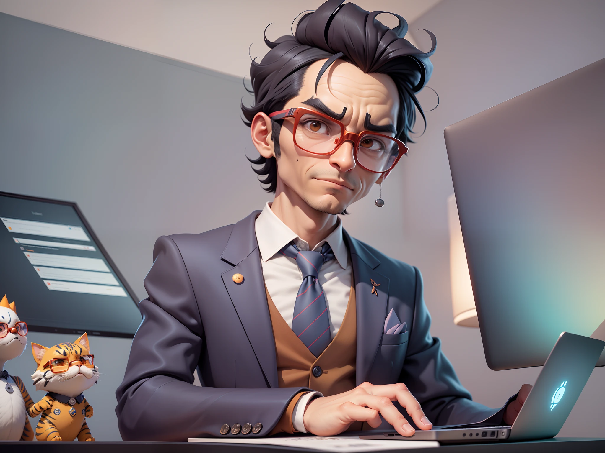 A young man in a suit, Short hair and glasses sat at his desk，holding laptop，digitial painting，tigre，3D character design by Mark Clairen and Pixar and Hayao Miyazaki and Akira Toriyama，4K HD illustration，Very detailed facial features and cartoon-style visuals。