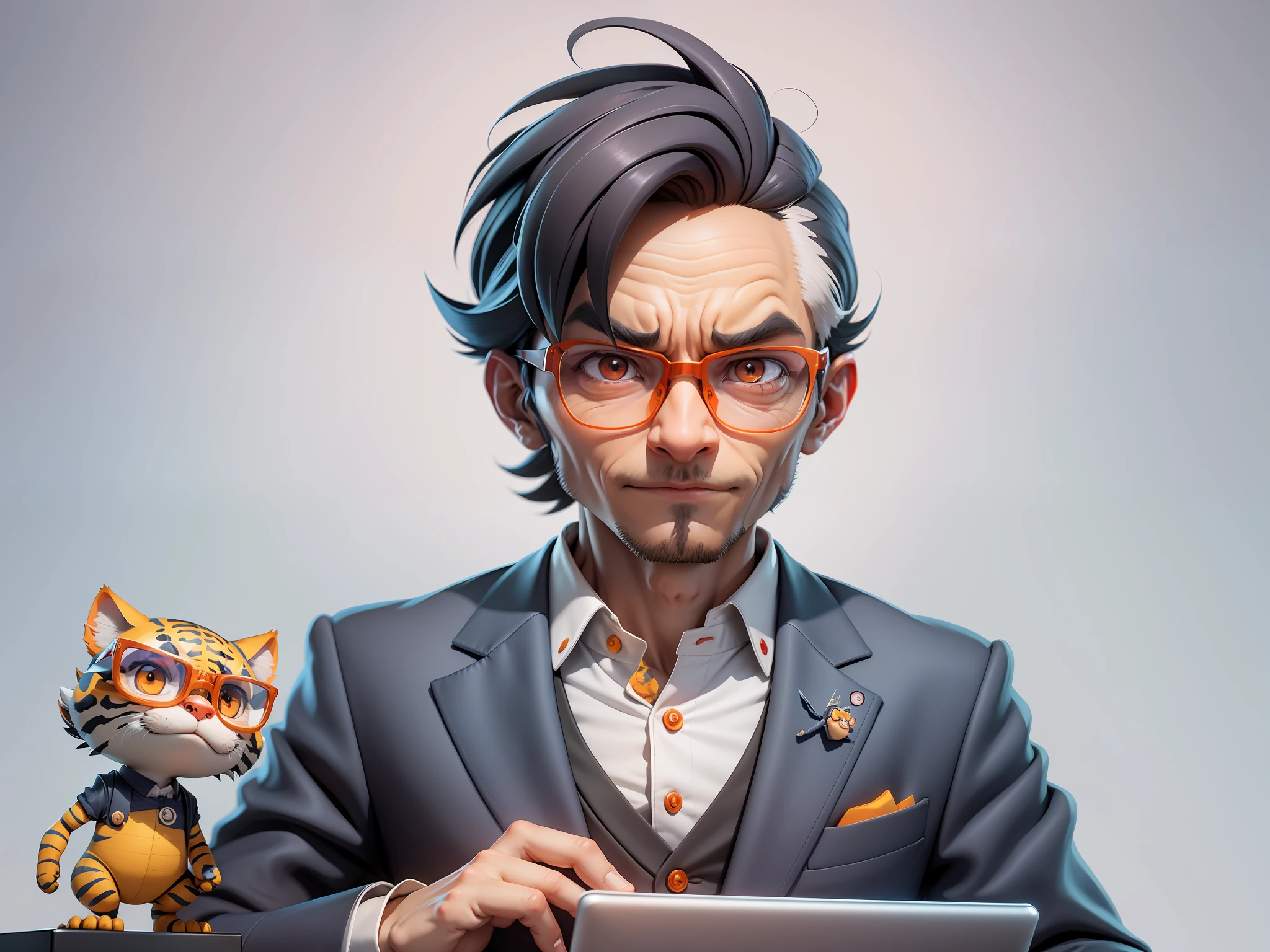 A young man in a suit, Short hair and glasses sat at his desk，holding laptop，digitial painting，tigre，3D character design by Mark Clairen and Pixar and Hayao Miyazaki and Akira Toriyama，4K HD illustration，Very detailed facial features and cartoon-style visuals。