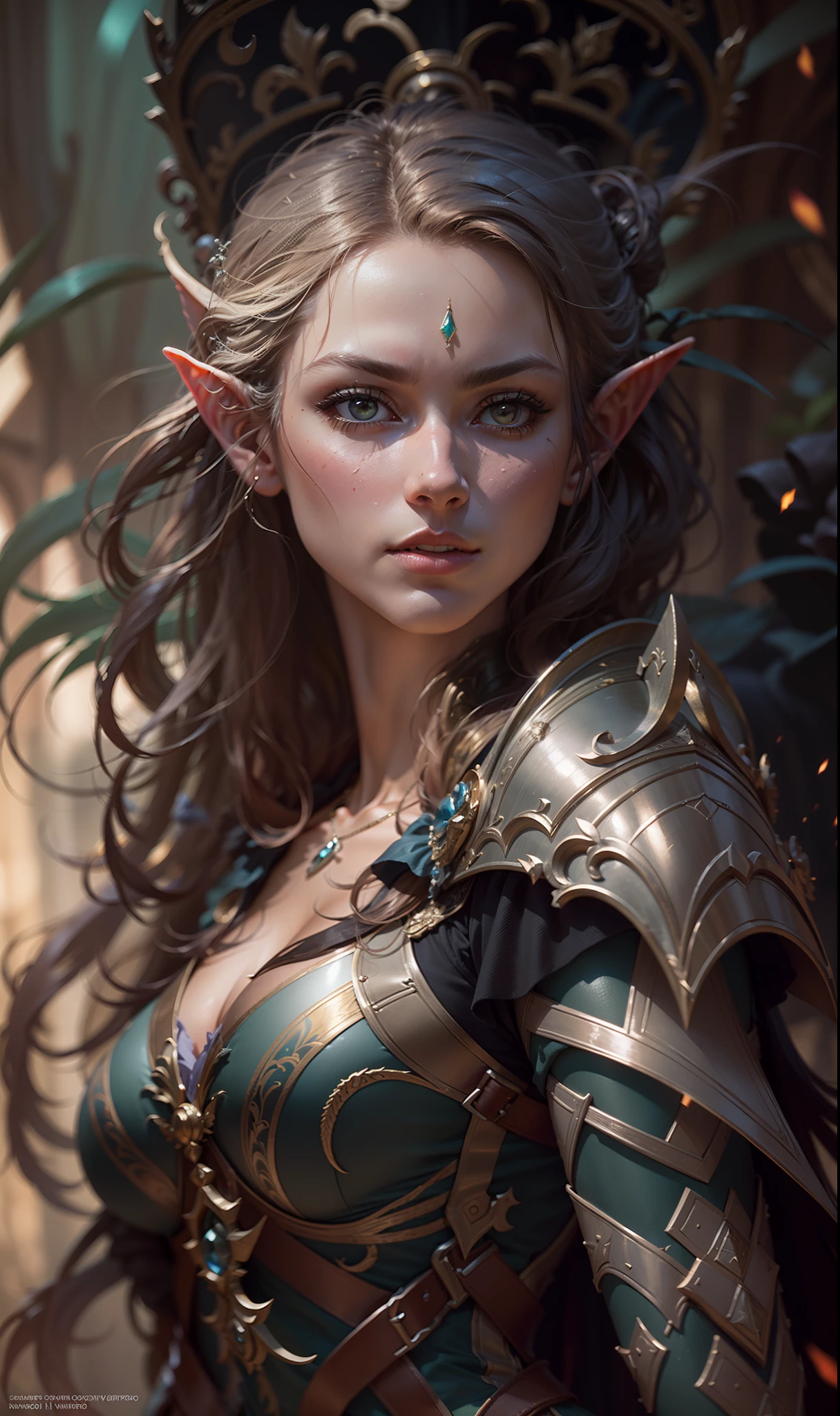 Beautiful painting of perfect female elf warrior, shapeless long hair, perfect features, (wearing extremely baroque elven armor), abstract beauty, near perfection, pure form, dynamic pose, ethereal background, (deep dark shadows), (strong cinematic lighting), (back lighting), concept art by Greg Rutkowski and John William Waterhouse and Alphonse Mucha, stunning details, intricate details, 8k post-production, High resolution, super details, trending on ArtStation, sharp focus, depth of field f/1.8, studio photos, (((looking at camera))).
