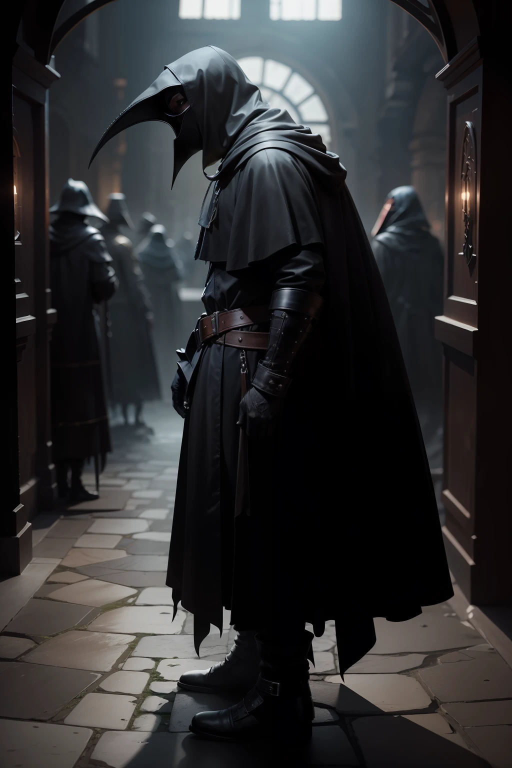 Side view, dark lighting, full body, a plague doctor, no background, emphasis on leather mask with visors, dark ages, medieval, 4k, Hdr