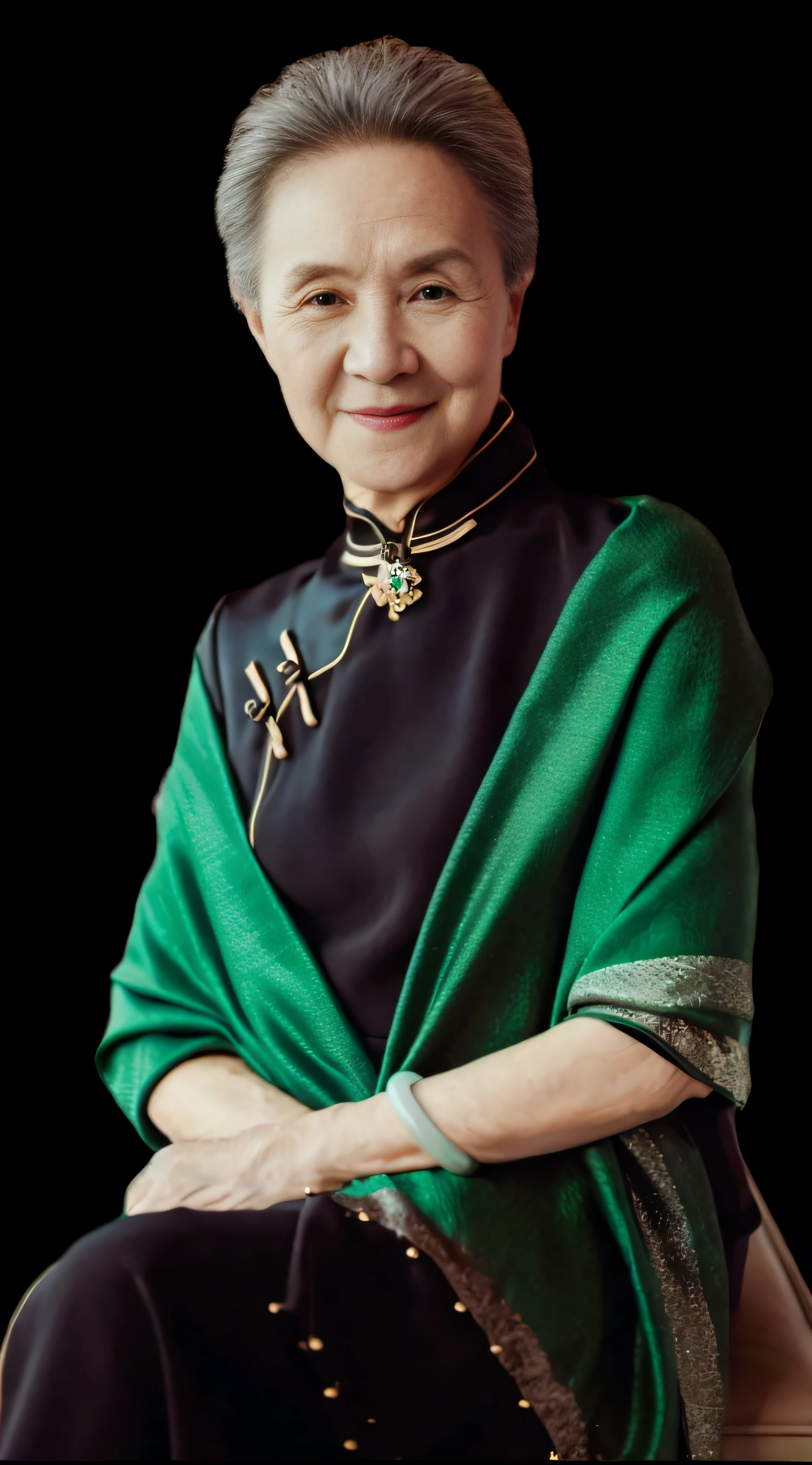Arad woman in green and black dress sitting in chair, inspired by Min Zhen, inspired by Hu Zao, inspired by Xu Xi, Inspired by Guo Xi, inspired by Gu Zhengyi, inspired by Wang Meng, Inspired by Li Tang, lulu chen, Inspired by Lan Ying, Yun Ling, chinese empress, cover photo portrait of du juan